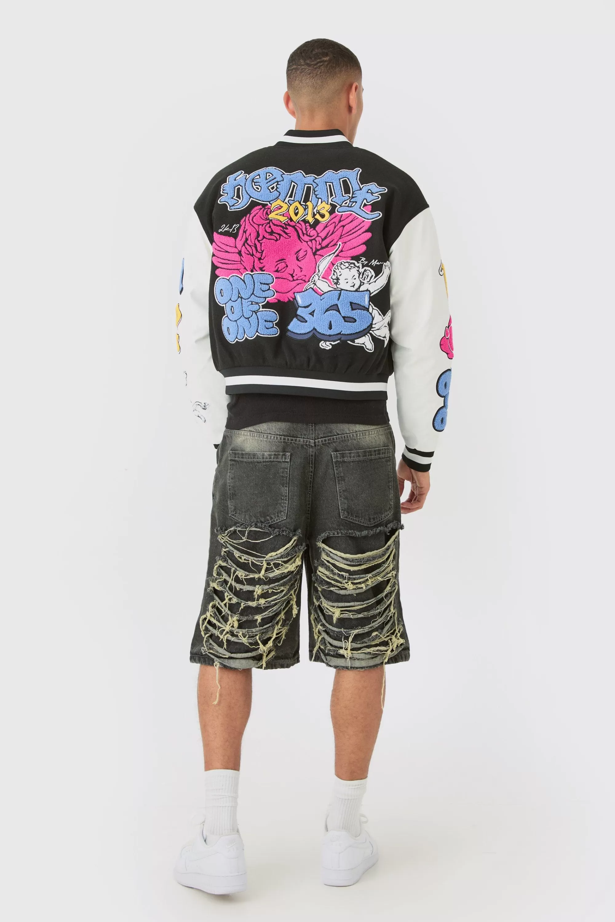 boohooMAN Boxy Homme Badge PU Sleeve Varsity Jacket In | UK