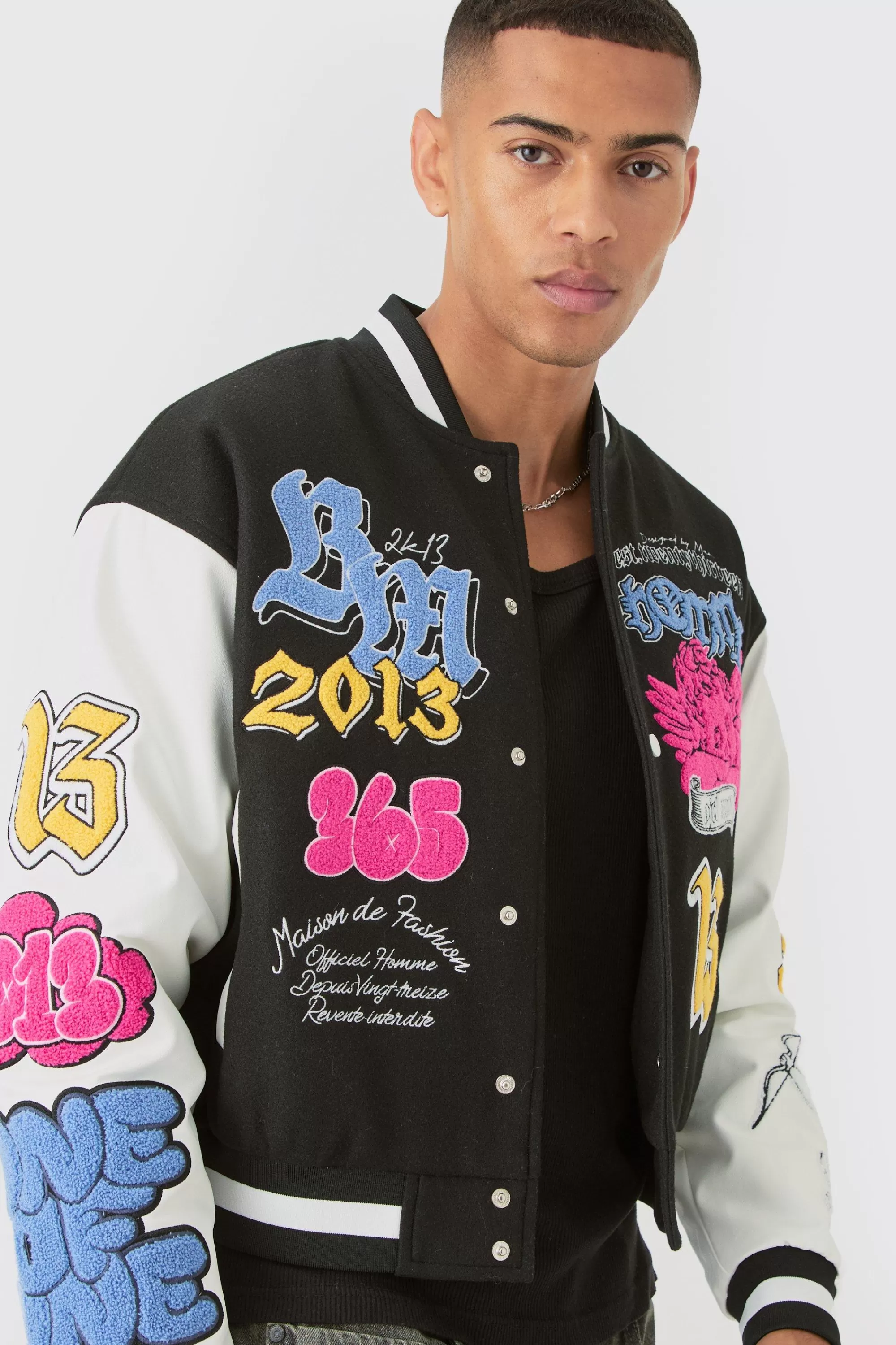 boohooMAN Boxy Homme Badge PU Sleeve Varsity Jacket In | UK