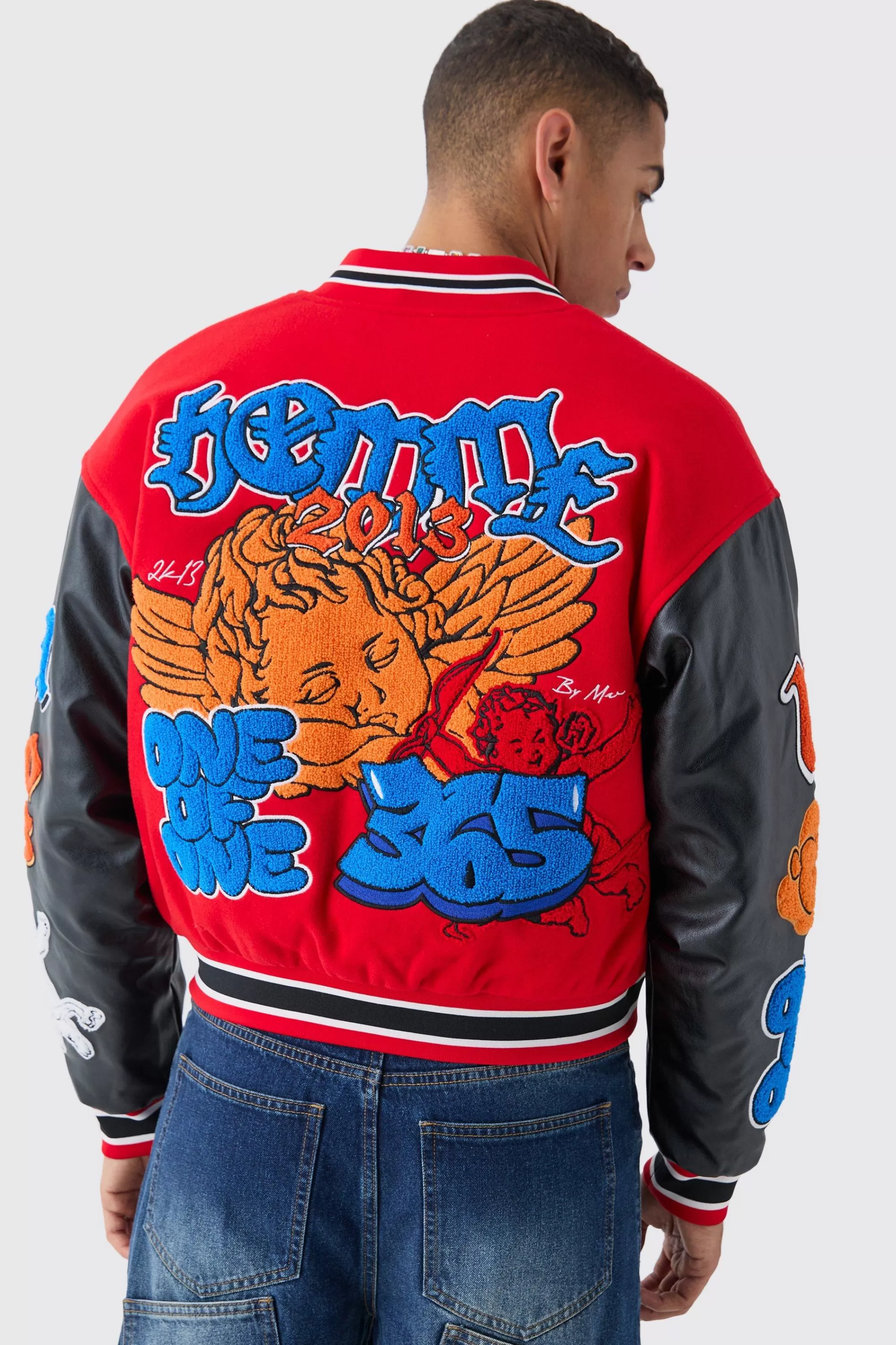 boohooMAN Boxy Homme Badge PU Sleeve Varsity Jacket In | UK