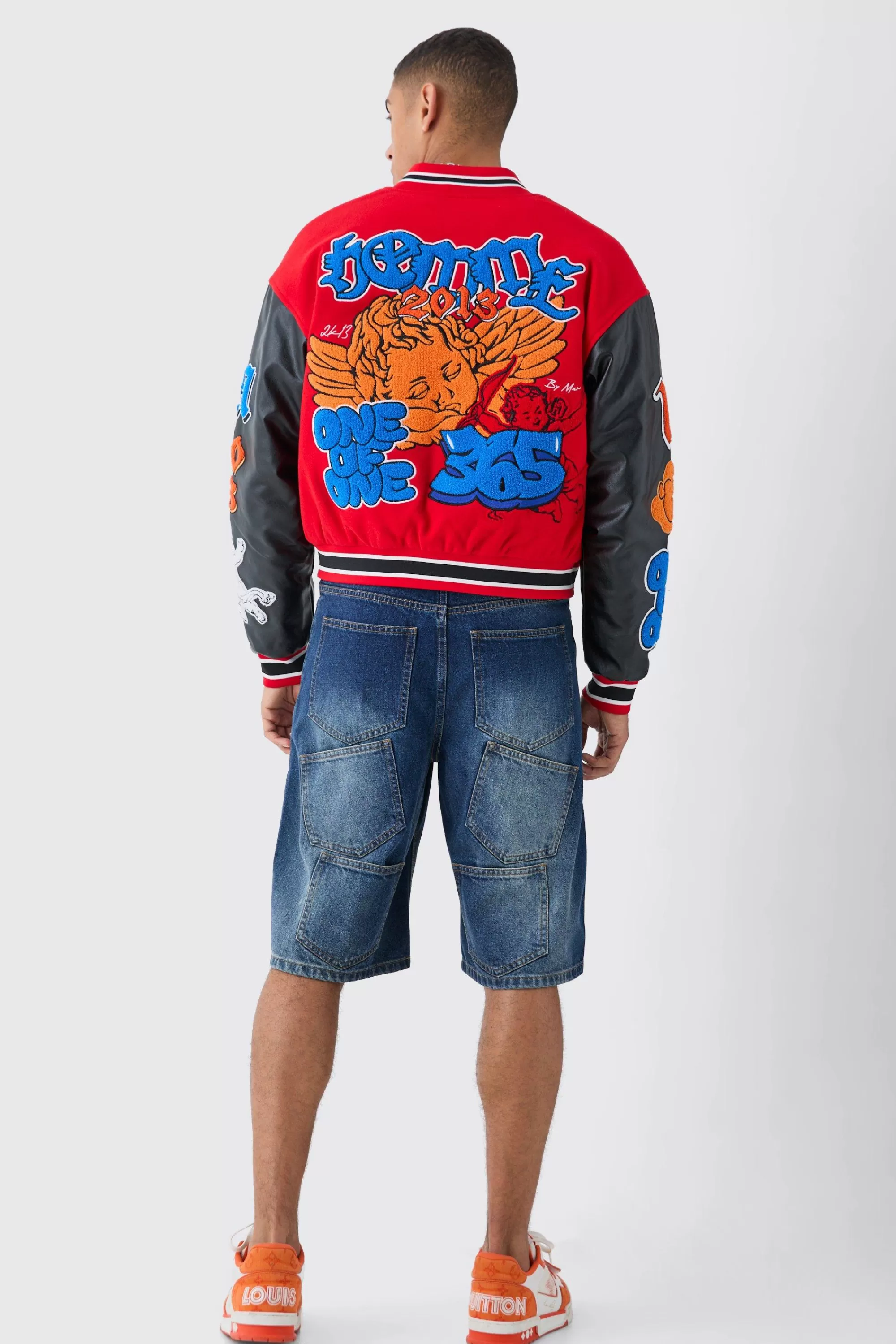 boohooMAN Boxy Homme Badge PU Sleeve Varsity Jacket In | UK