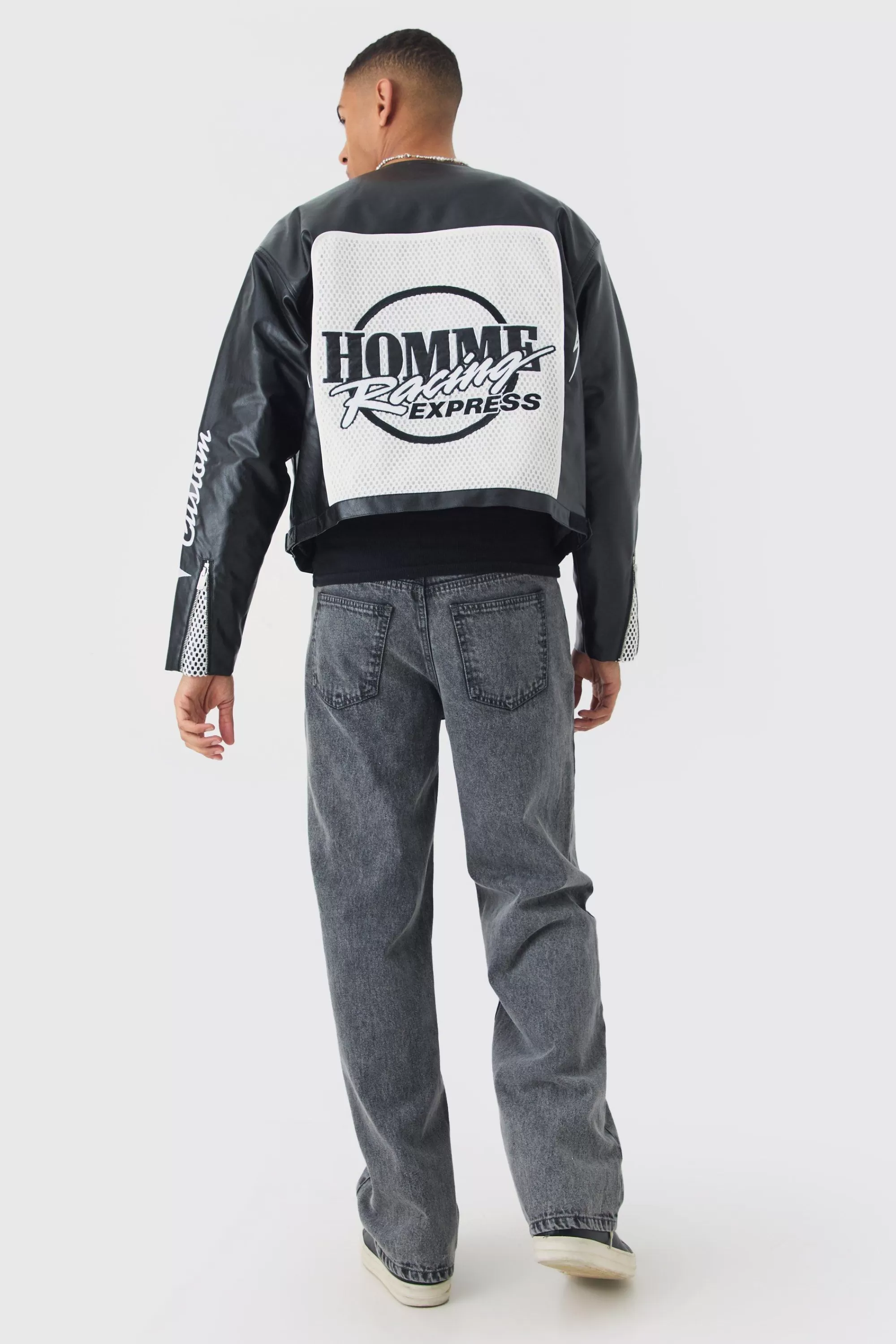 boohooMAN Boxy Homme Crochet Collarless PU Moto Jacket In | UK
