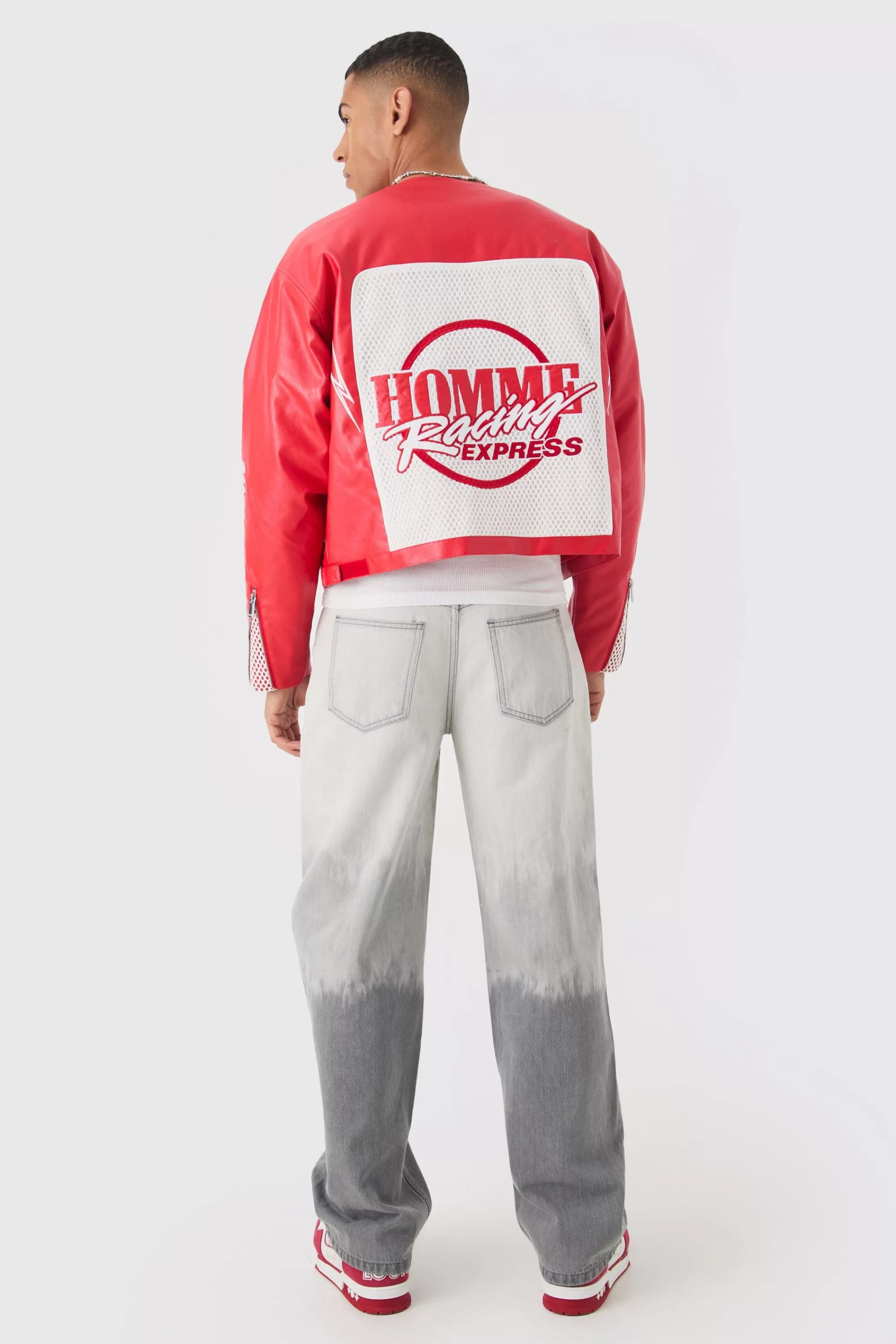 boohooMAN Boxy Homme Crochet Collarless PU Moto Jacket In | UK