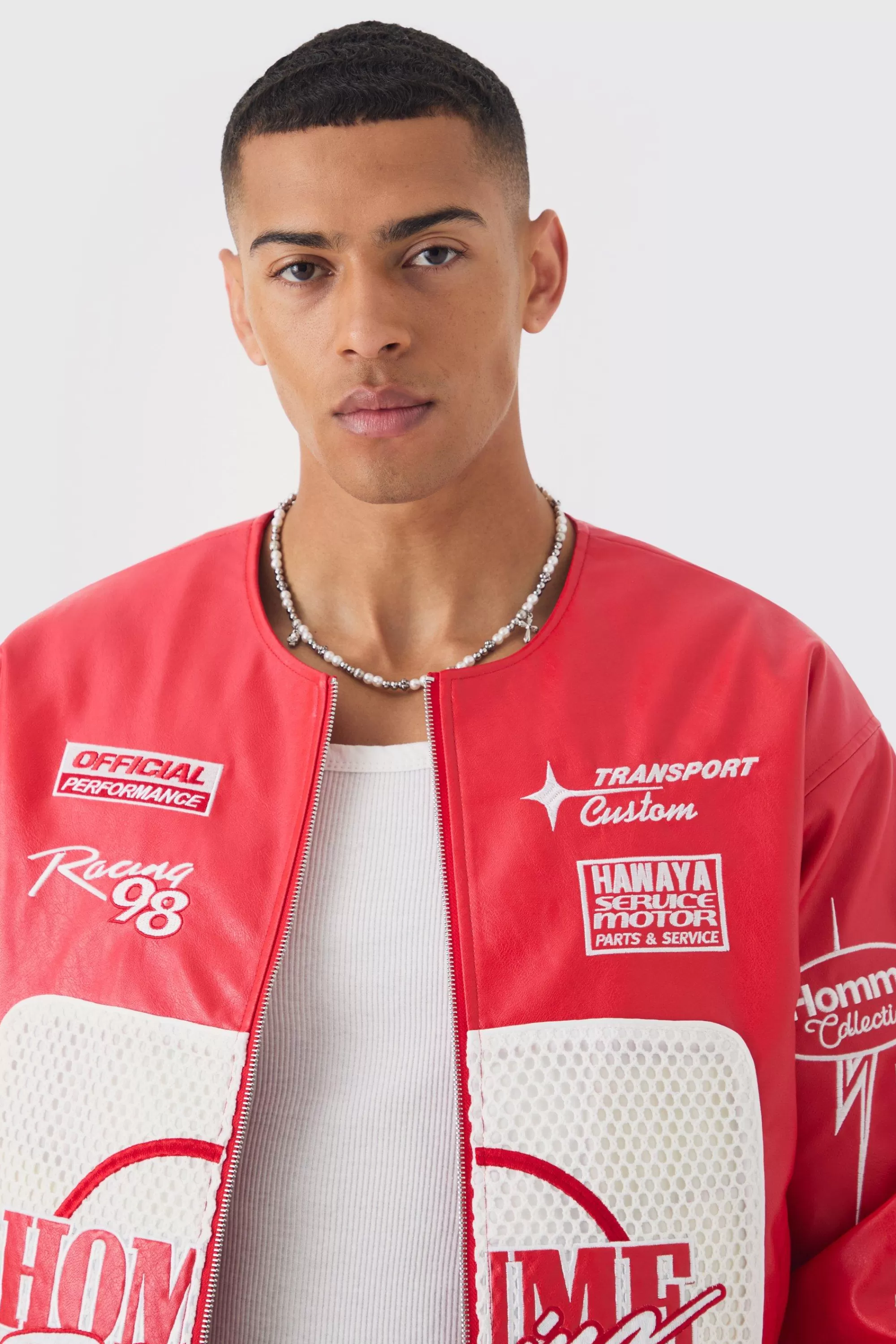 boohooMAN Boxy Homme Crochet Collarless PU Moto Jacket In | UK
