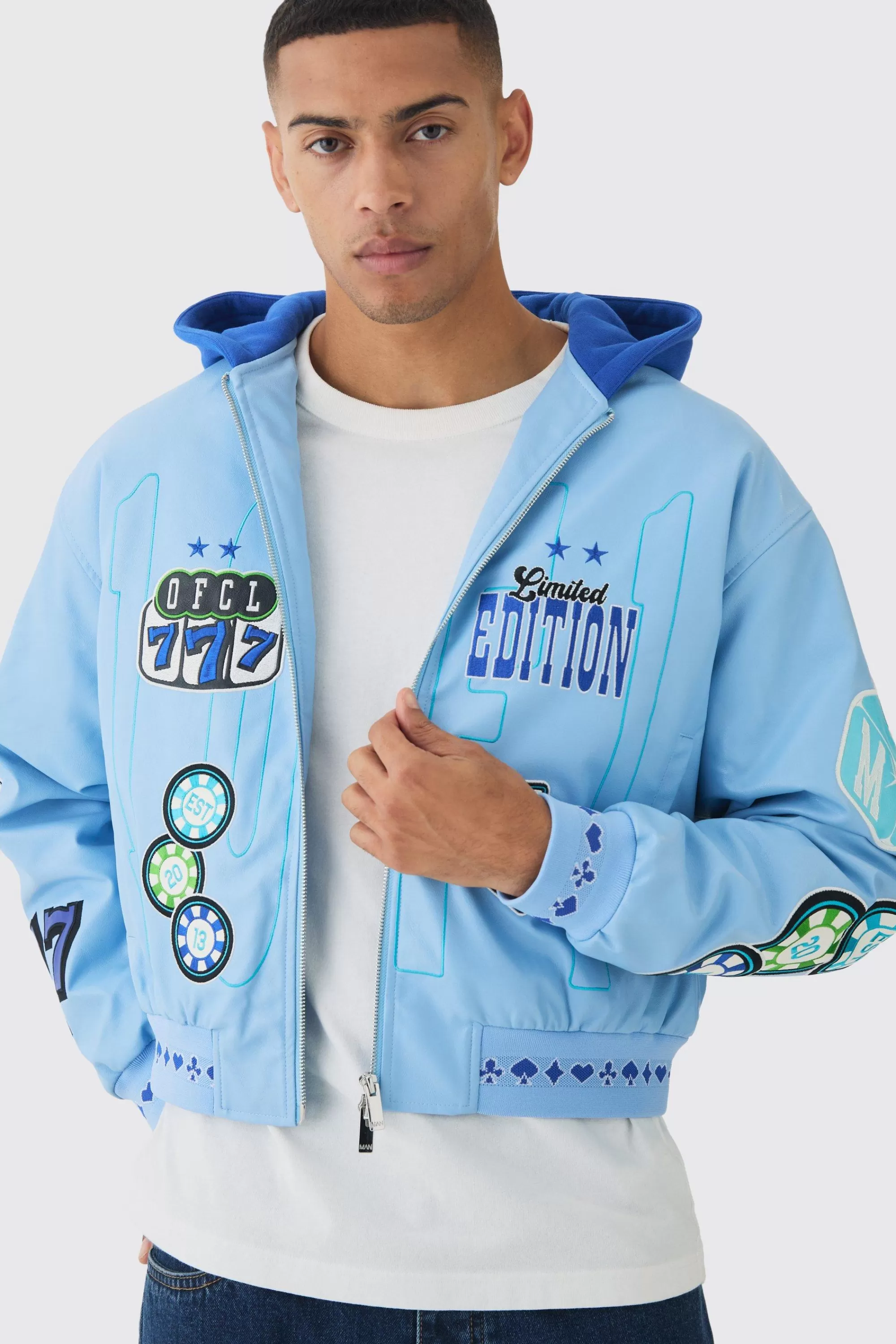 boohooMAN Boxy Hooded Casino Badge Bomber Jacket In Blue | UK