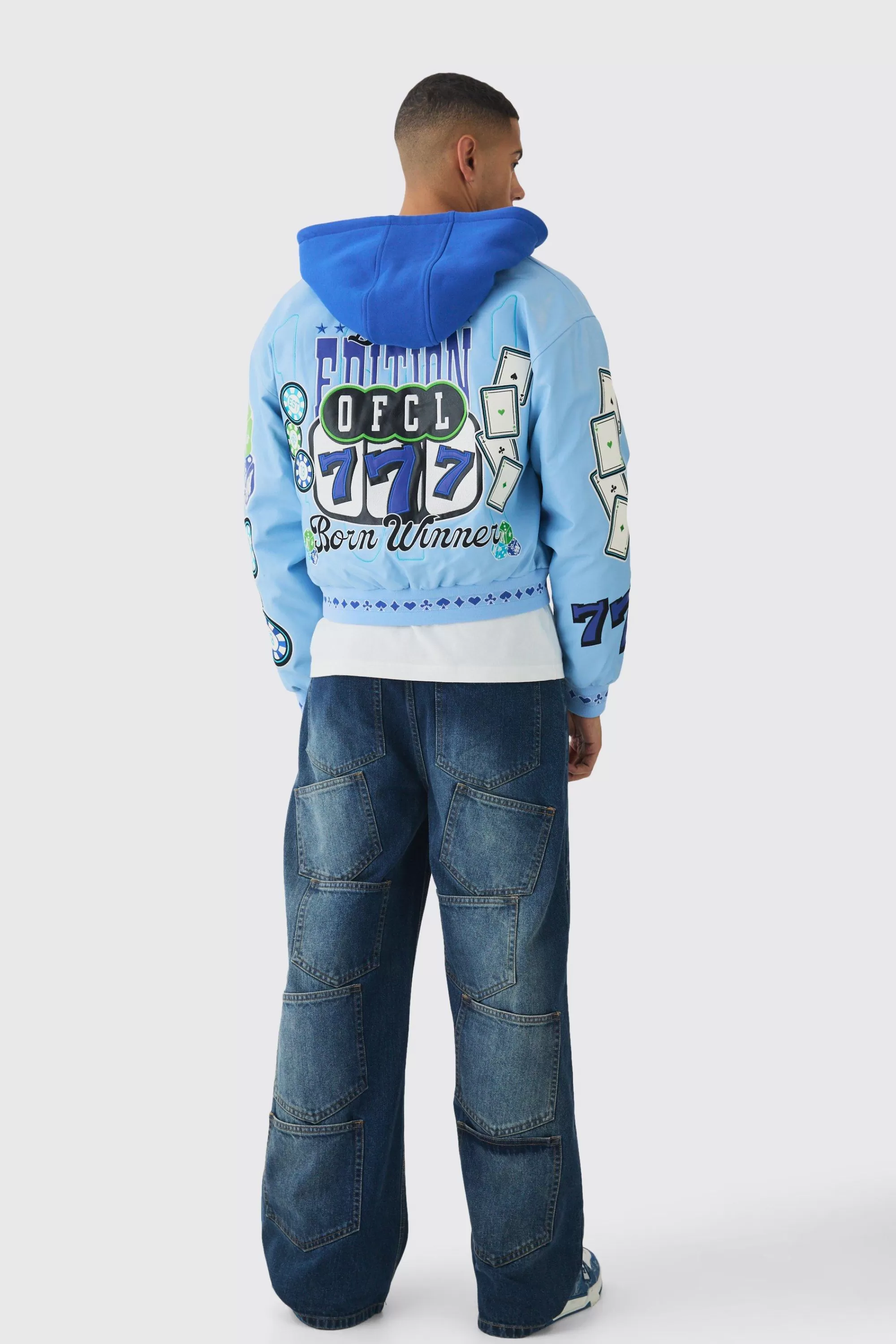 boohooMAN Boxy Hooded Casino Badge Bomber Jacket In Blue | UK