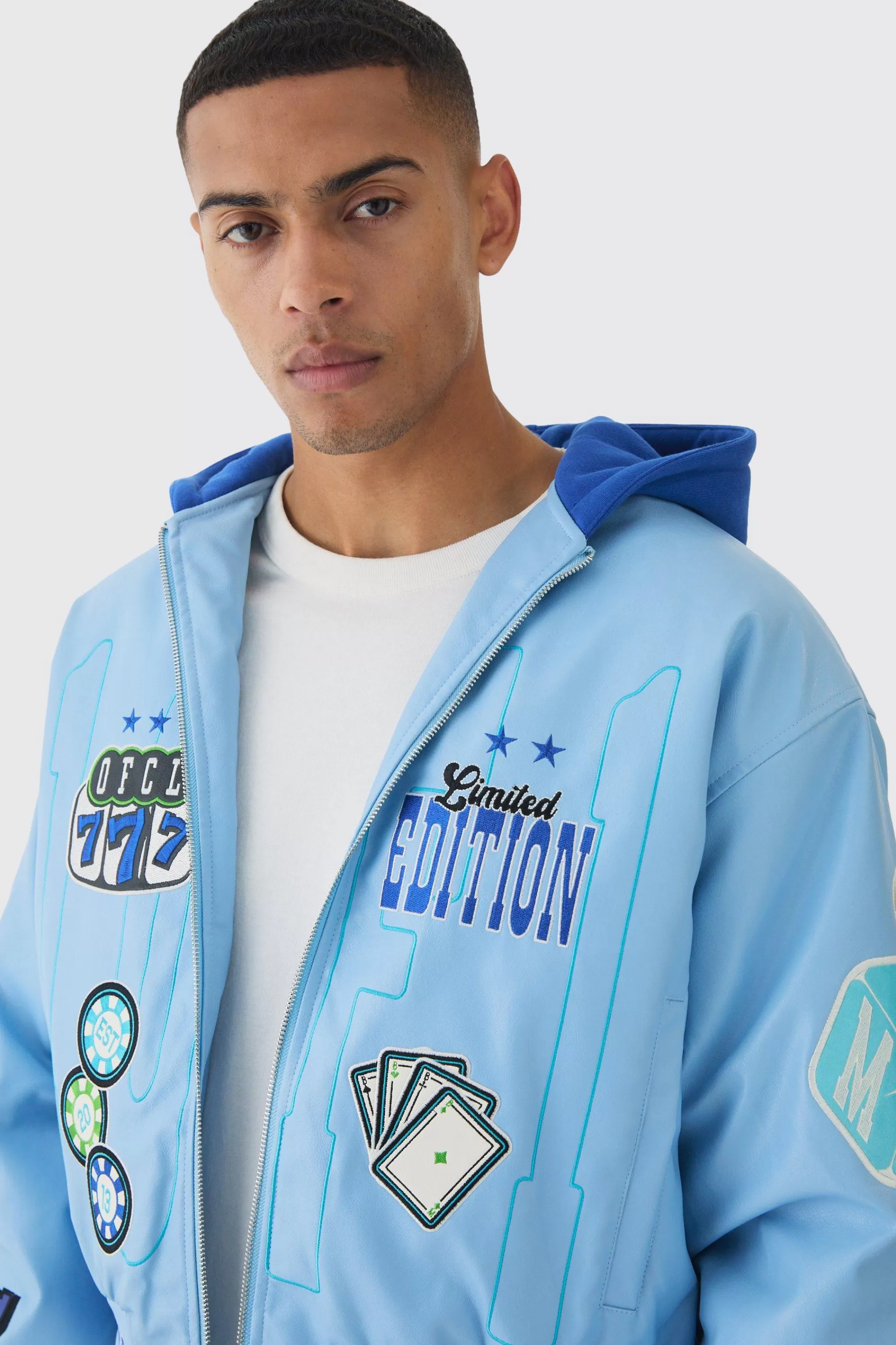 boohooMAN Boxy Hooded Casino Badge Bomber Jacket In Blue | UK