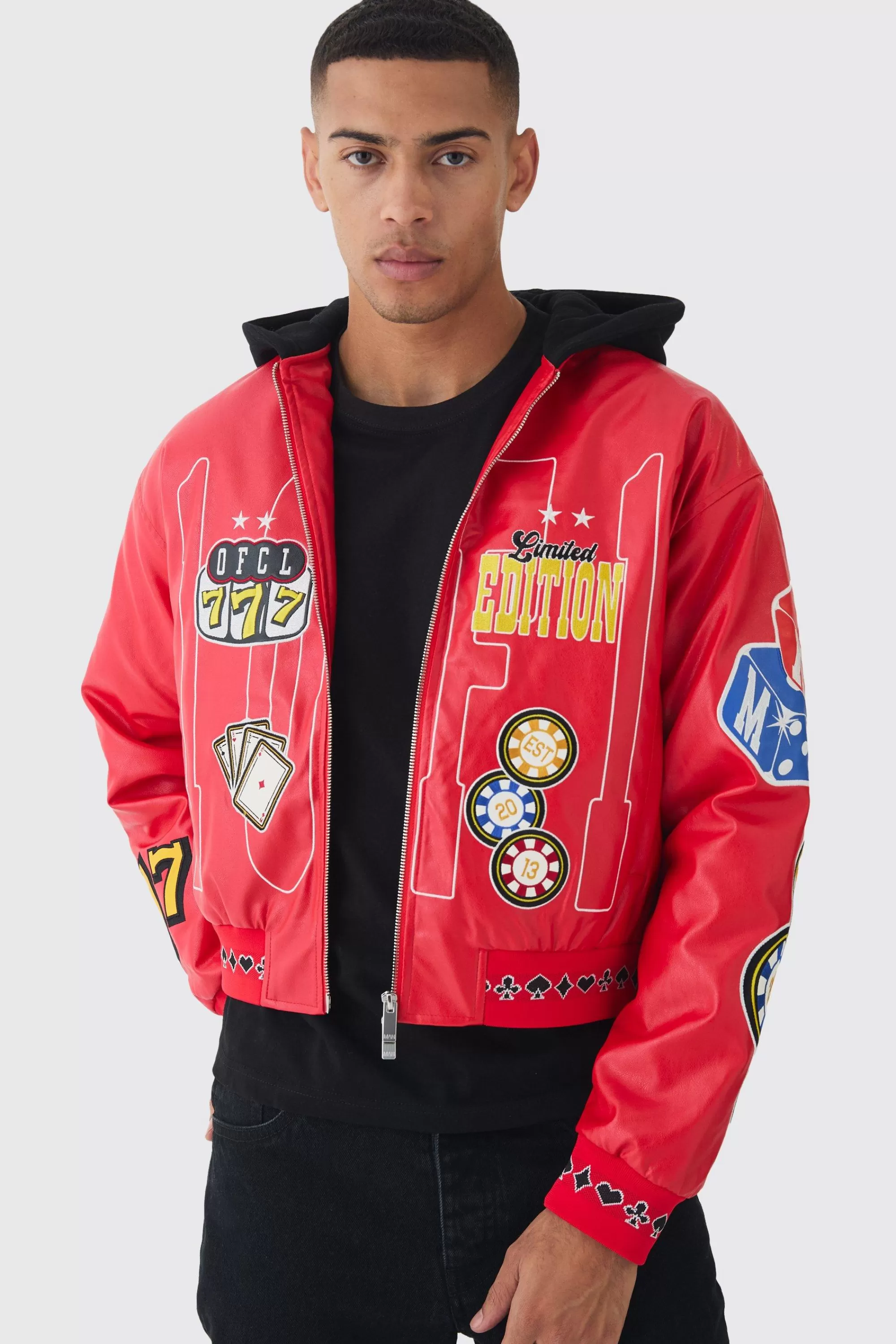 boohooMAN Boxy Hooded Casino Badge Bomber Jacket In | UK