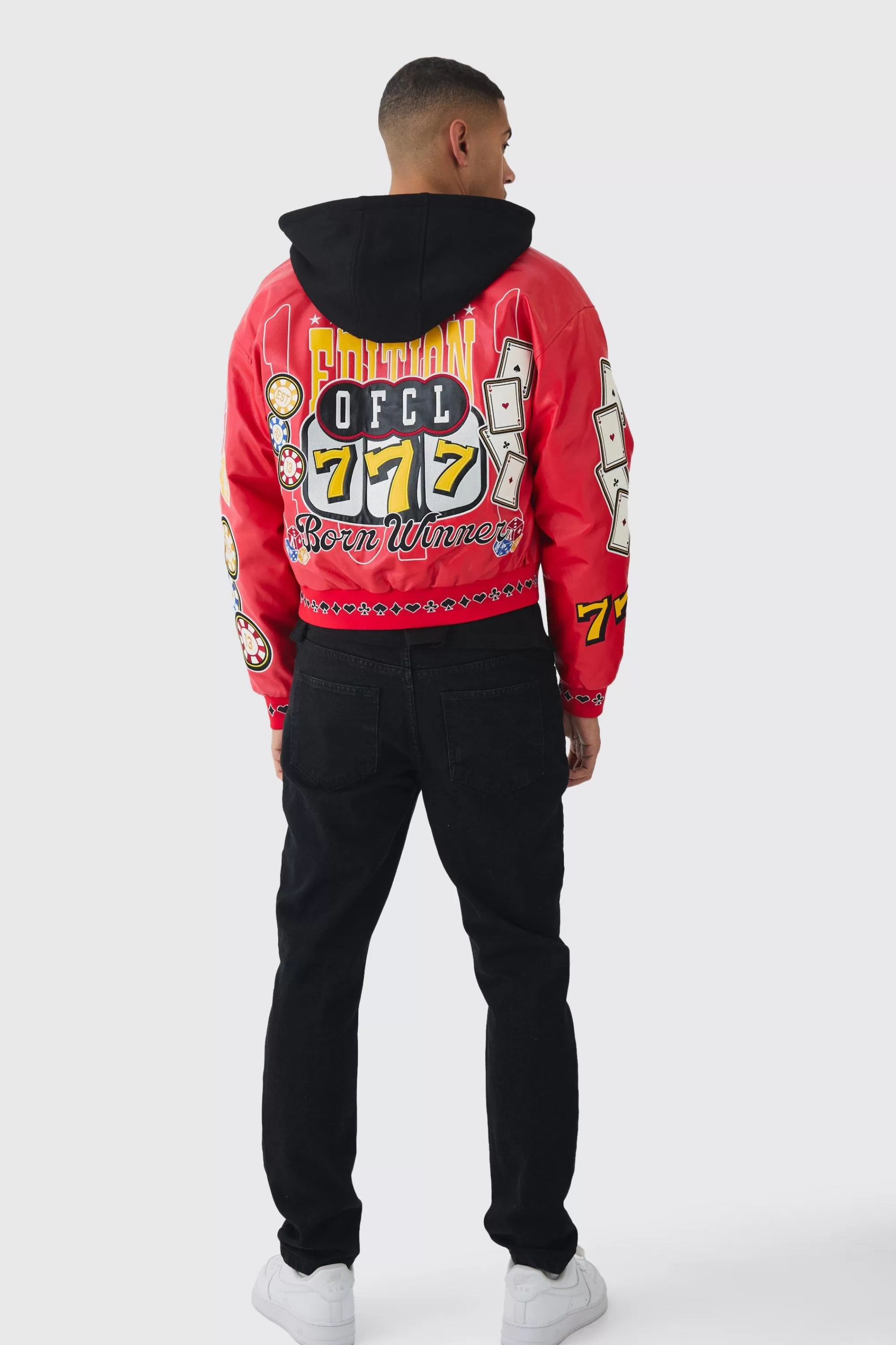 boohooMAN Boxy Hooded Casino Badge Bomber Jacket In | UK