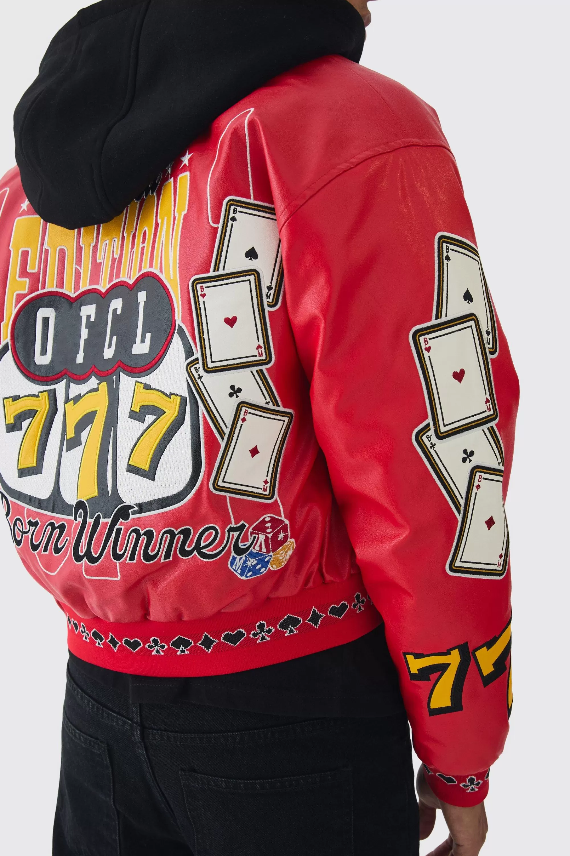 boohooMAN Boxy Hooded Casino Badge Bomber Jacket In | UK