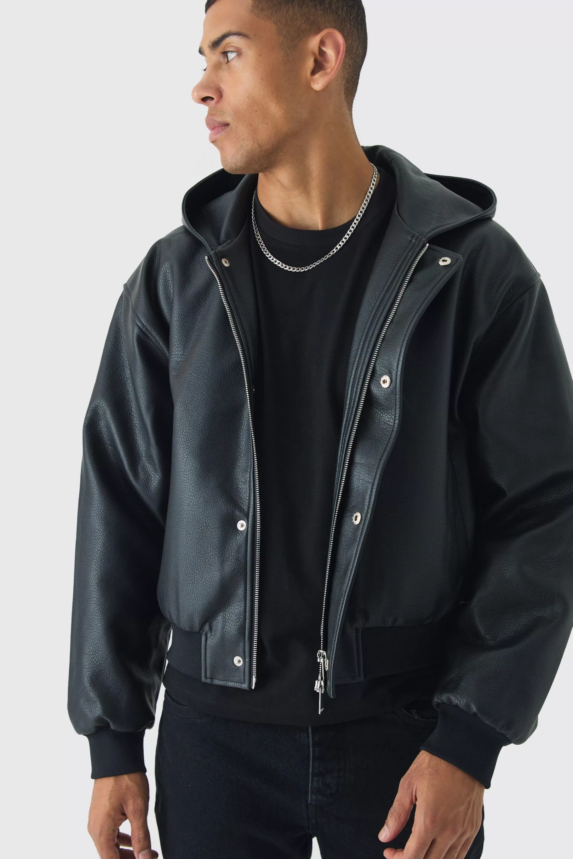 boohooMAN Boxy Hooded PU Bomber Jacket In | UK