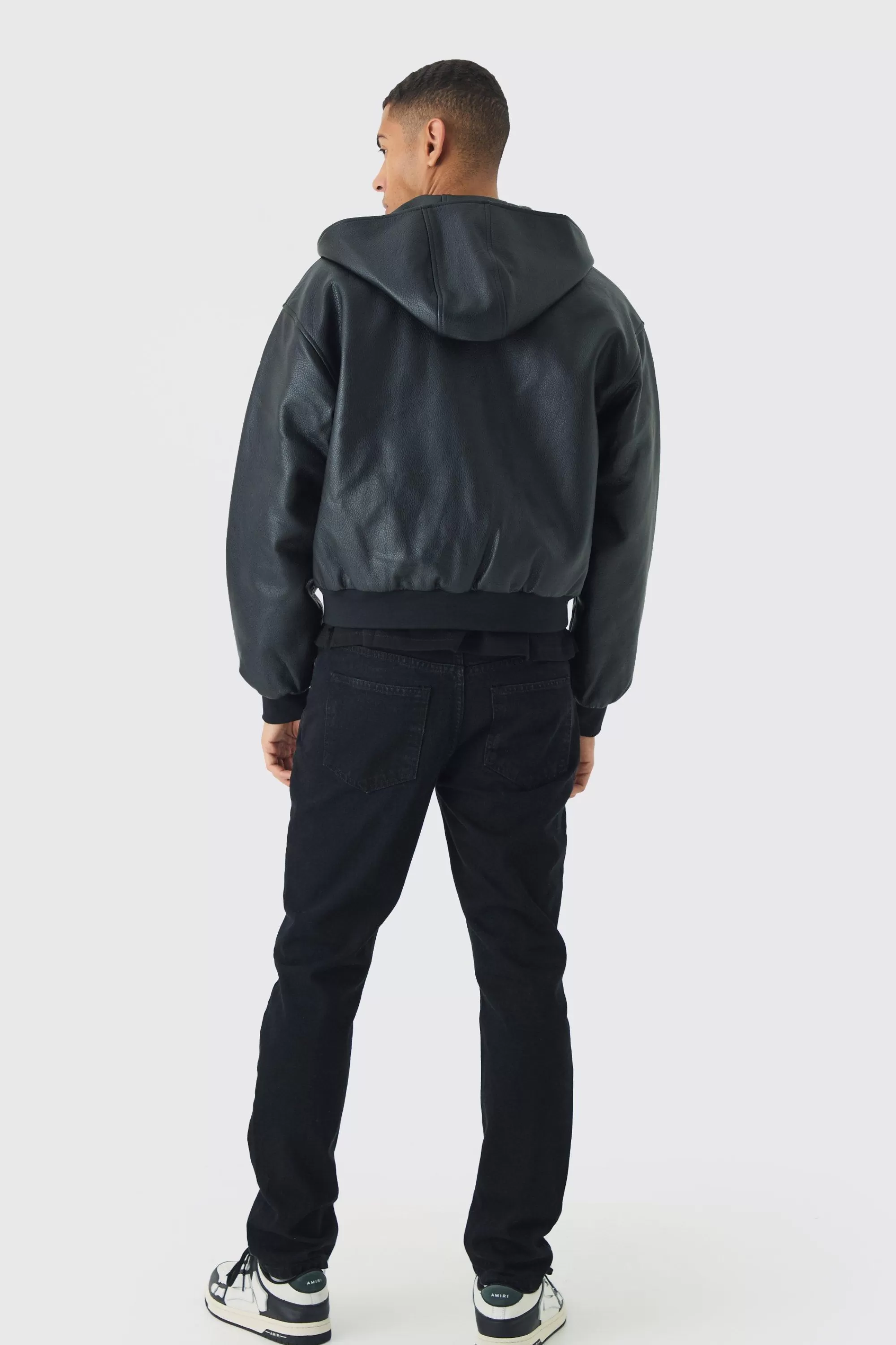 boohooMAN Boxy Hooded PU Bomber Jacket In | UK