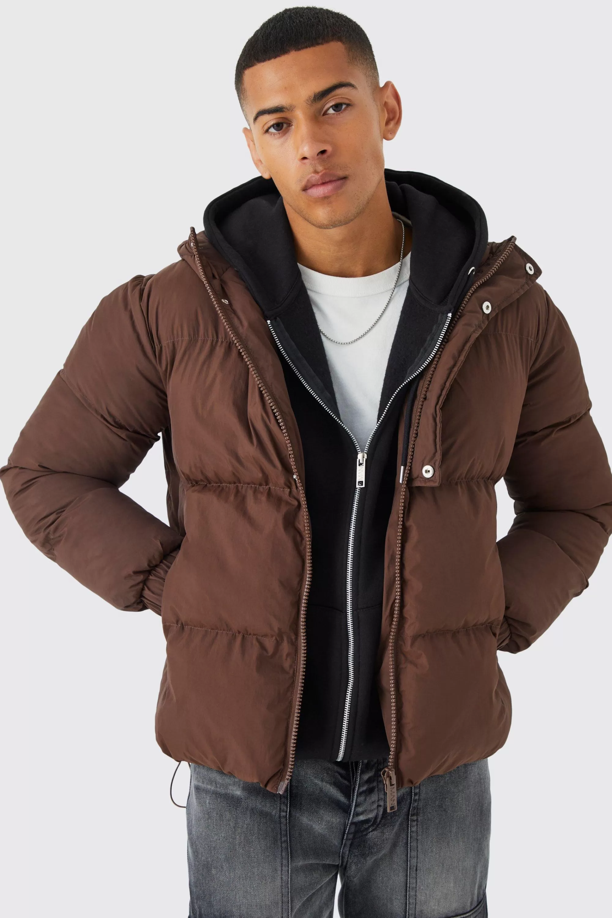 boohooMAN Boxy Hooded Puffer With Half Placket | UK