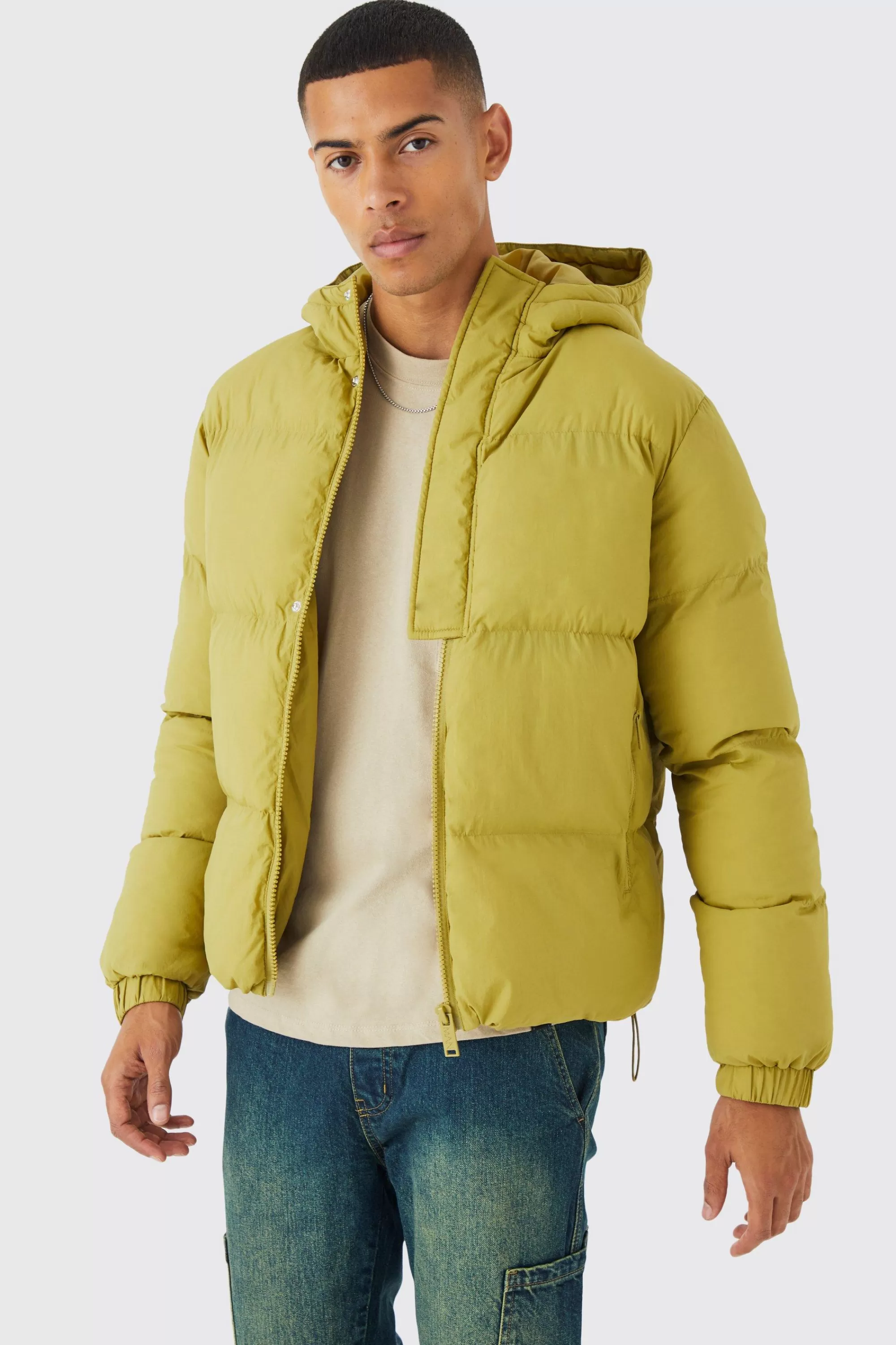 boohooMAN Boxy Hooded Puffer With Half Placket | UK