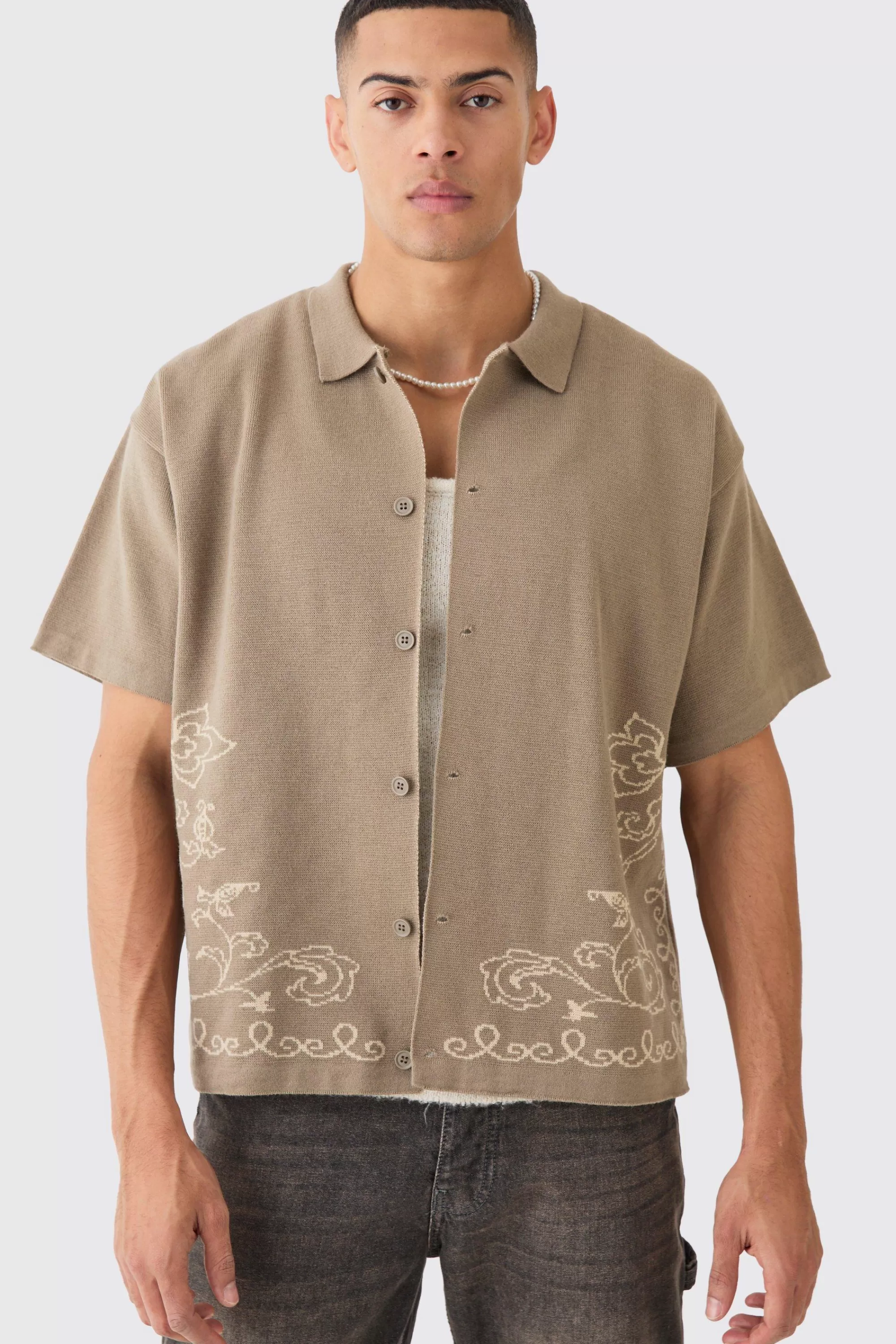 boohooMAN Boxy Jacquard Knit Abstract Detail Shirt In | UK
