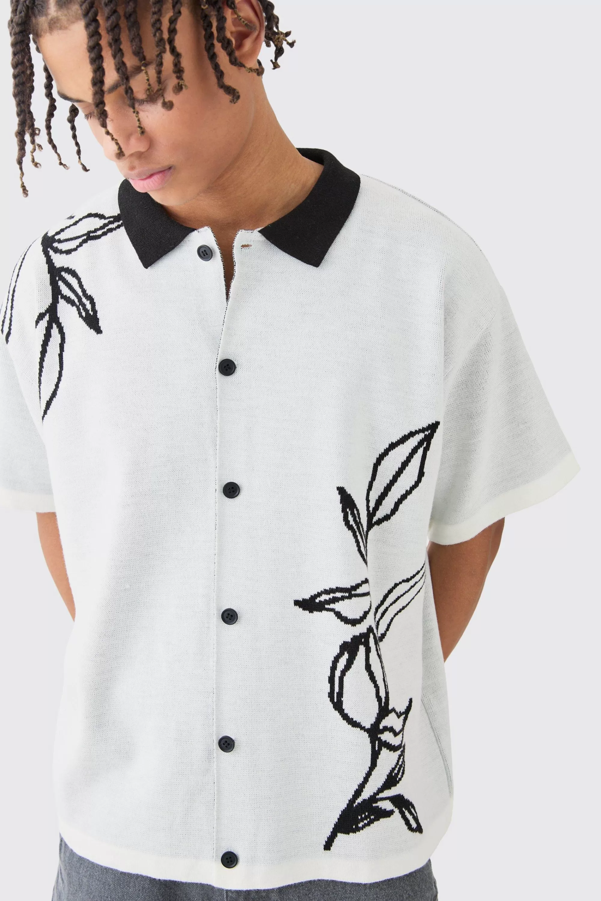 boohooMAN Boxy Jacquard Knit Floral Detail Shirt In | UK
