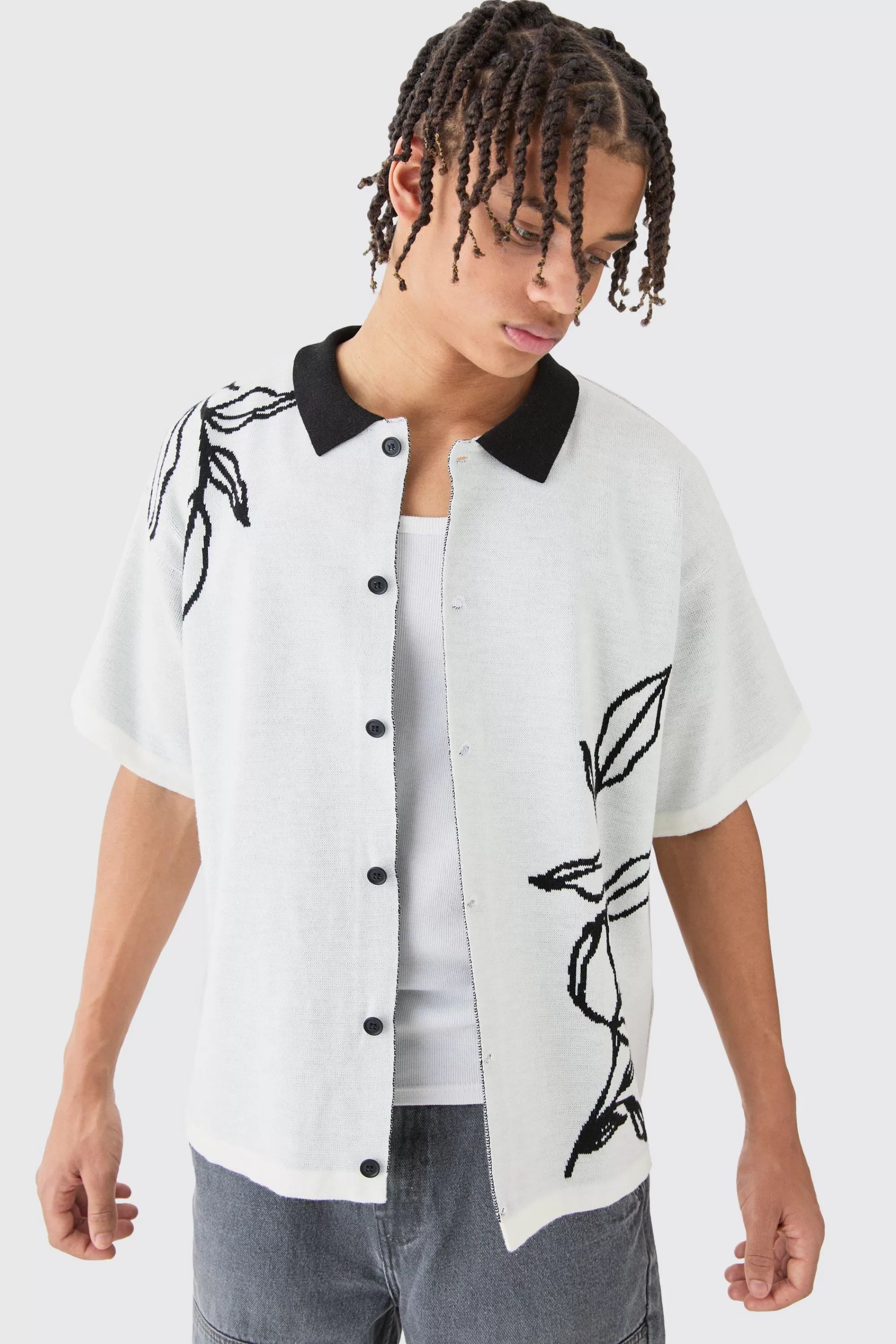 boohooMAN Boxy Jacquard Knit Floral Detail Shirt In | UK