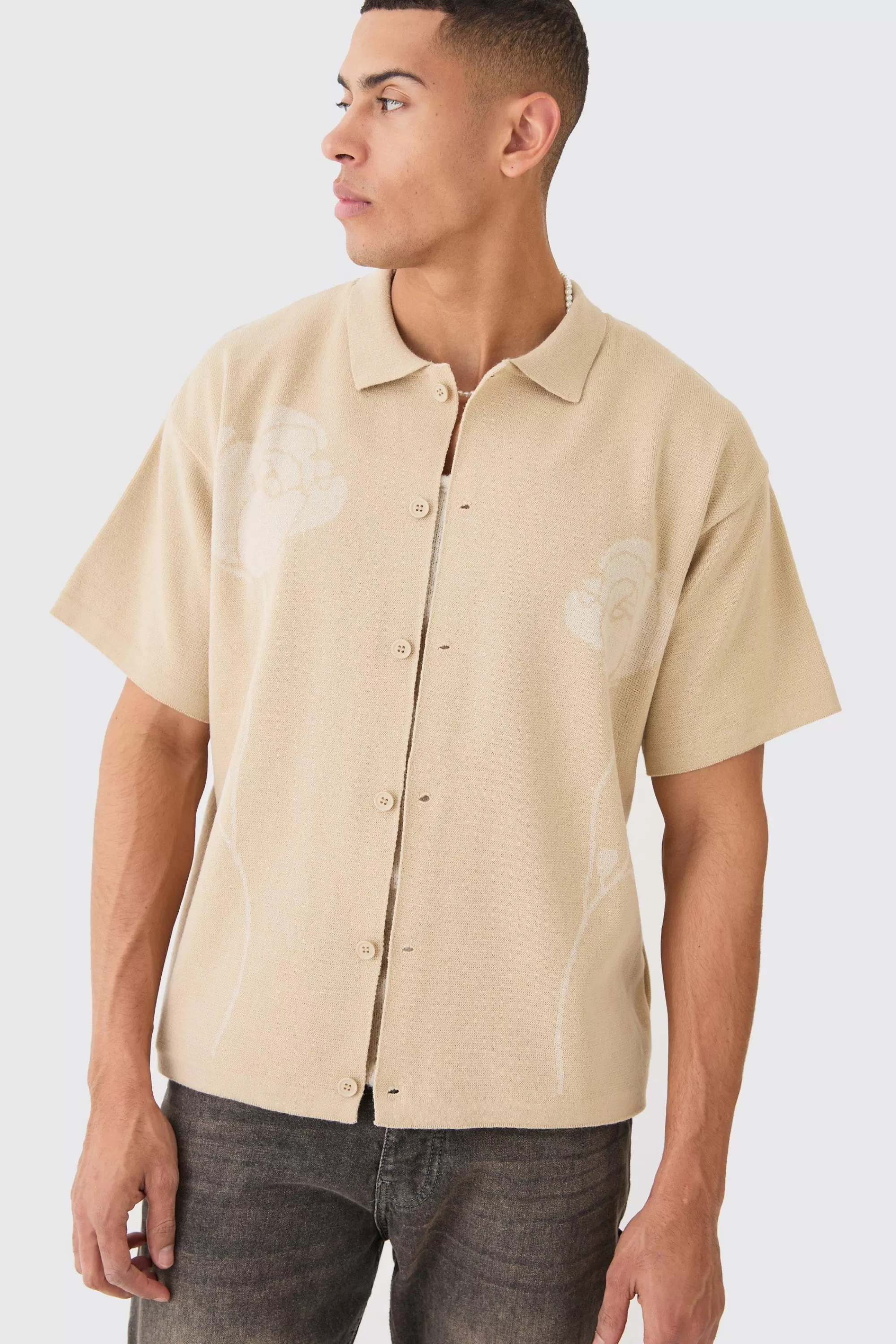boohooMAN Boxy Jacquard Knit Rose Detail Shirt In | UK
