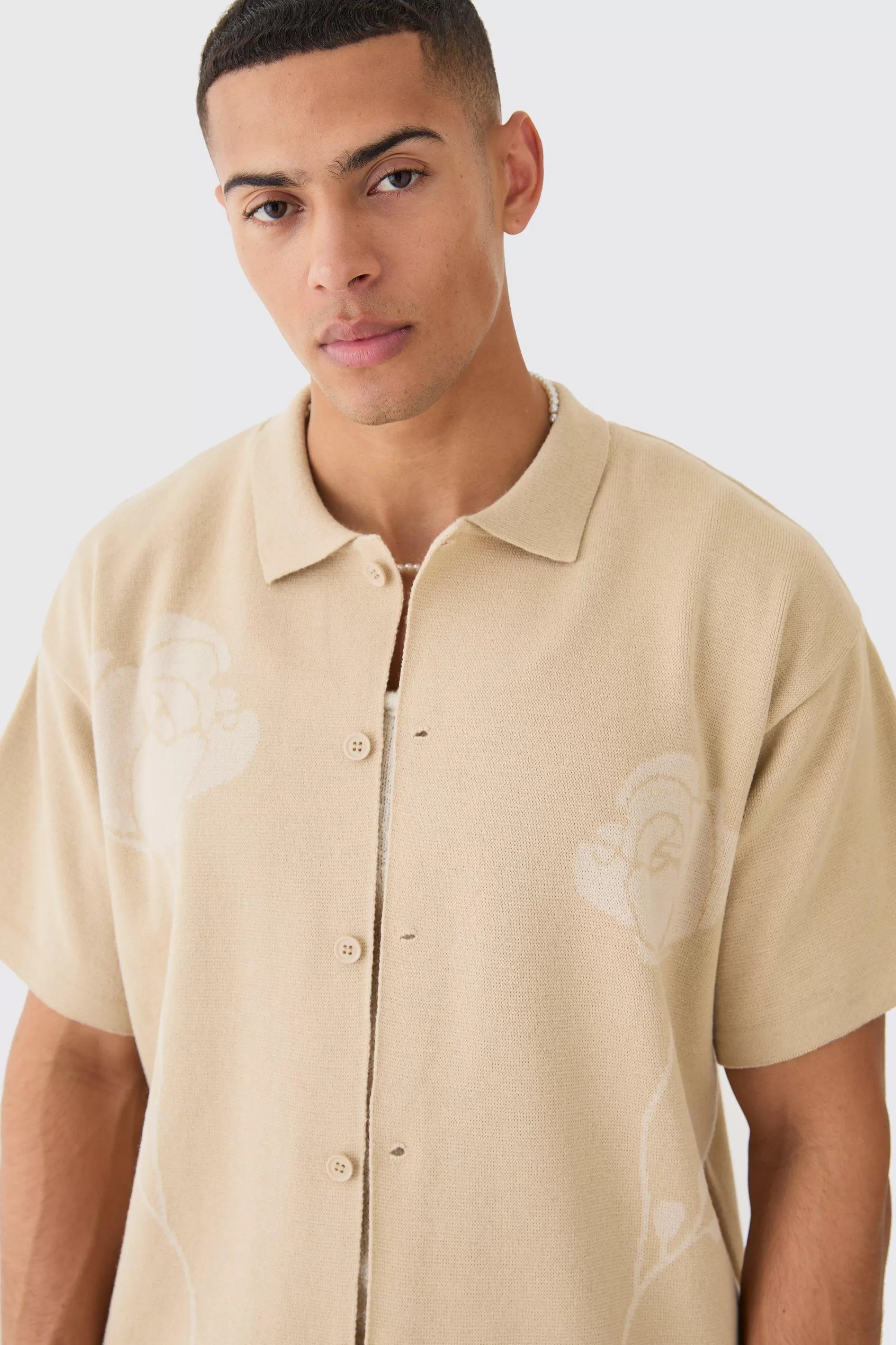boohooMAN Boxy Jacquard Knit Rose Detail Shirt In | UK