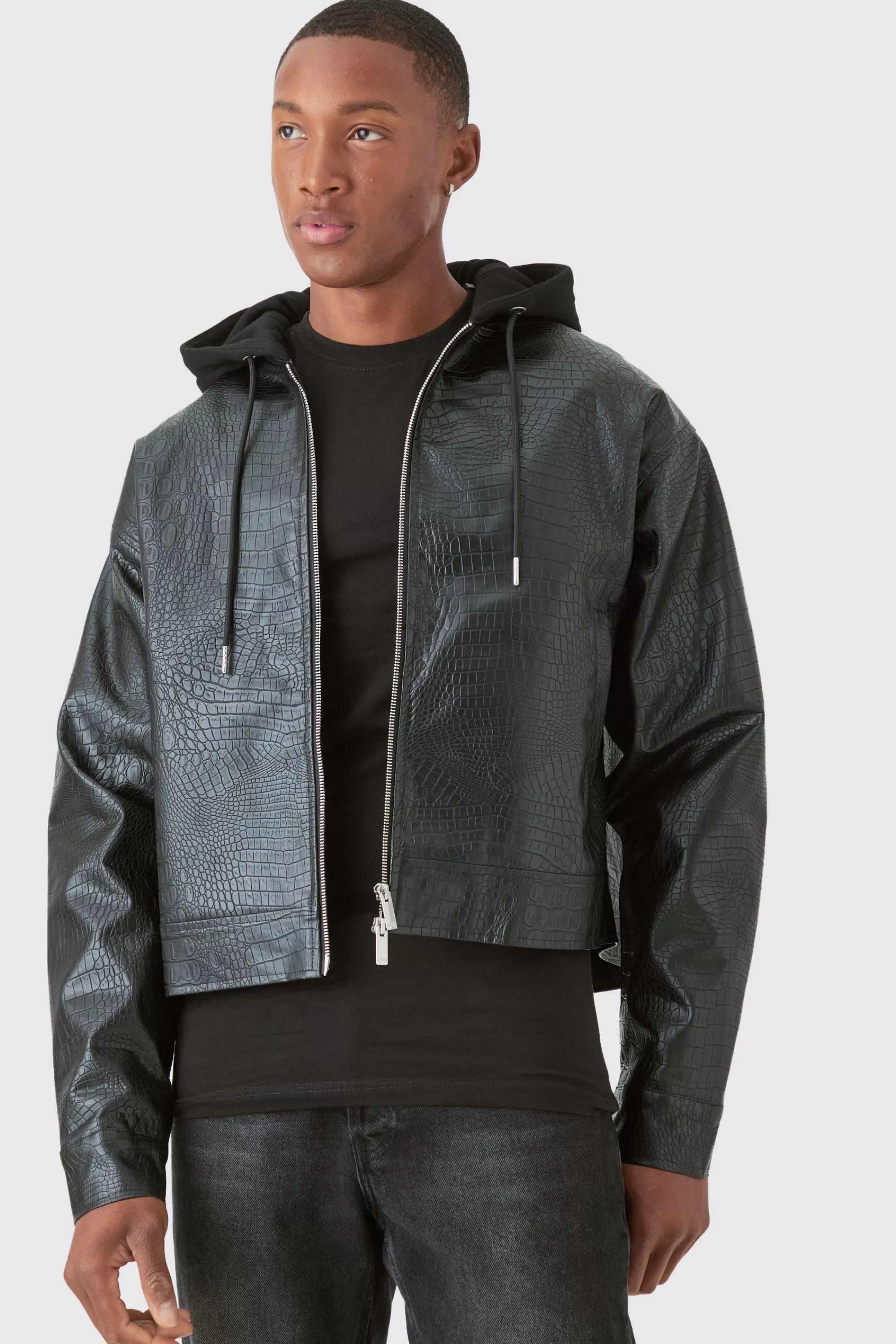 boohooMAN Boxy Jersey Hooded Pu Bomber Jacket In | UK
