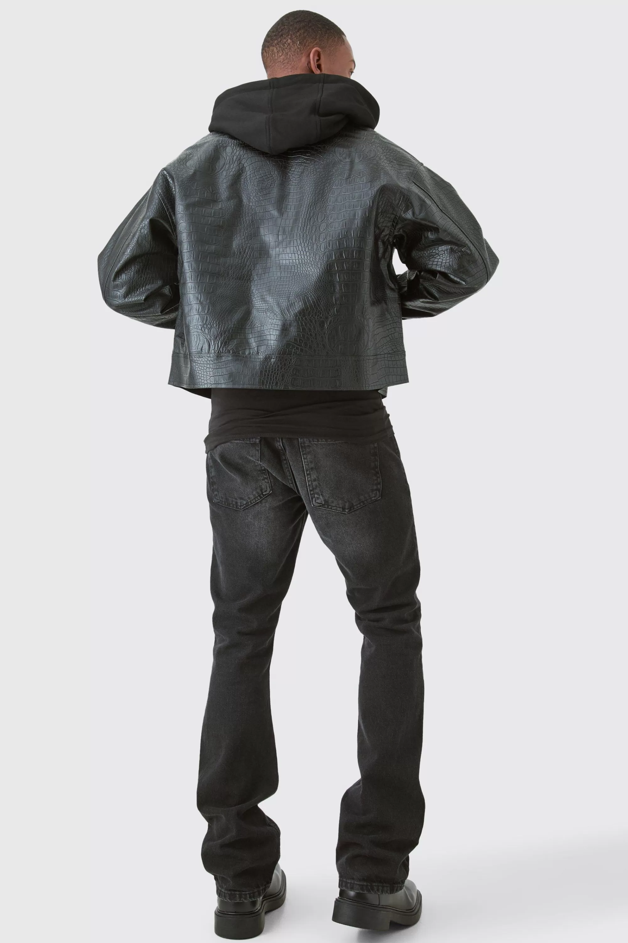 boohooMAN Boxy Jersey Hooded Pu Bomber Jacket In | UK