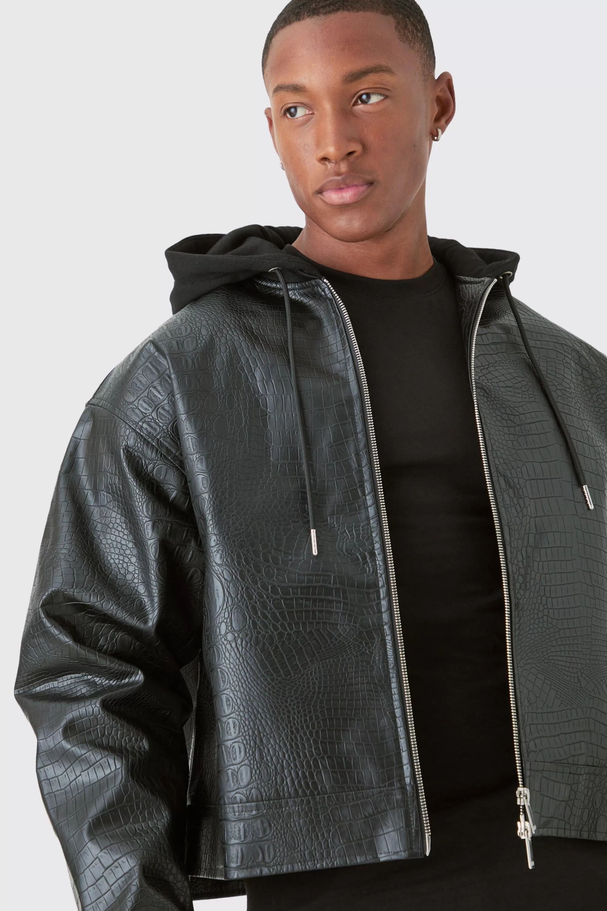 boohooMAN Boxy Jersey Hooded Pu Bomber Jacket In | UK
