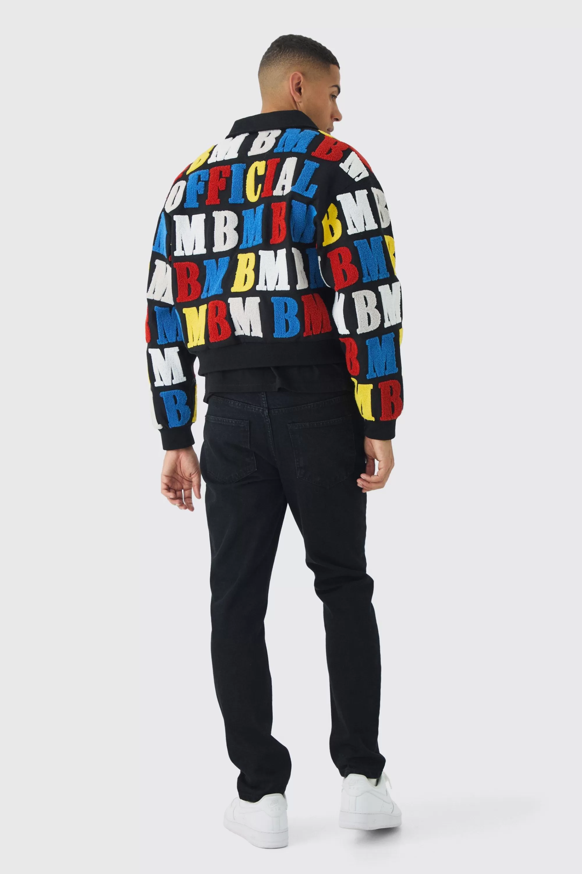 boohooMAN Boxy Letter Badge Collared Varsity Jacket In | UK