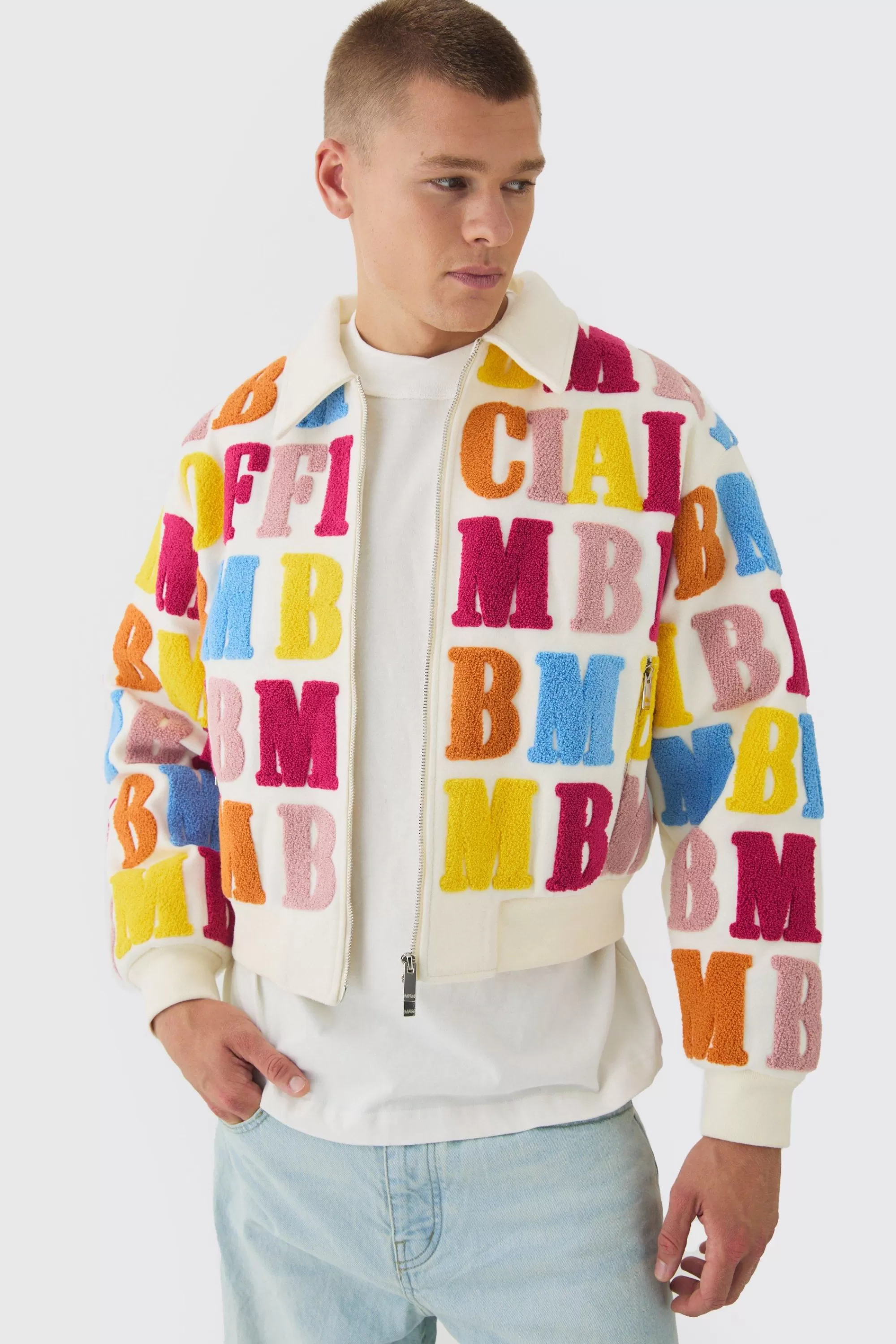 boohooMAN Boxy Letter Badge Collared Varsity Jacket In | UK