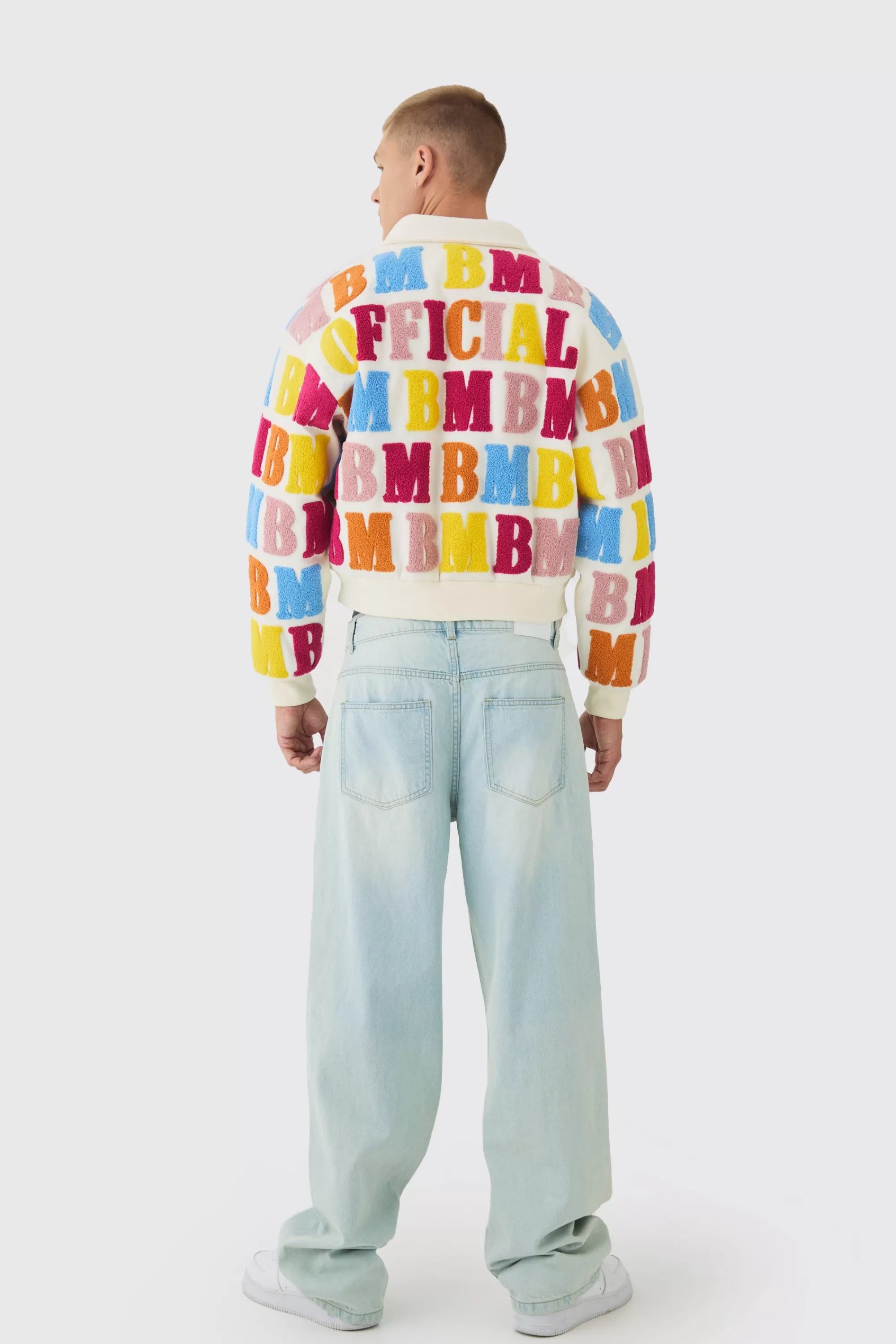 boohooMAN Boxy Letter Badge Collared Varsity Jacket In | UK