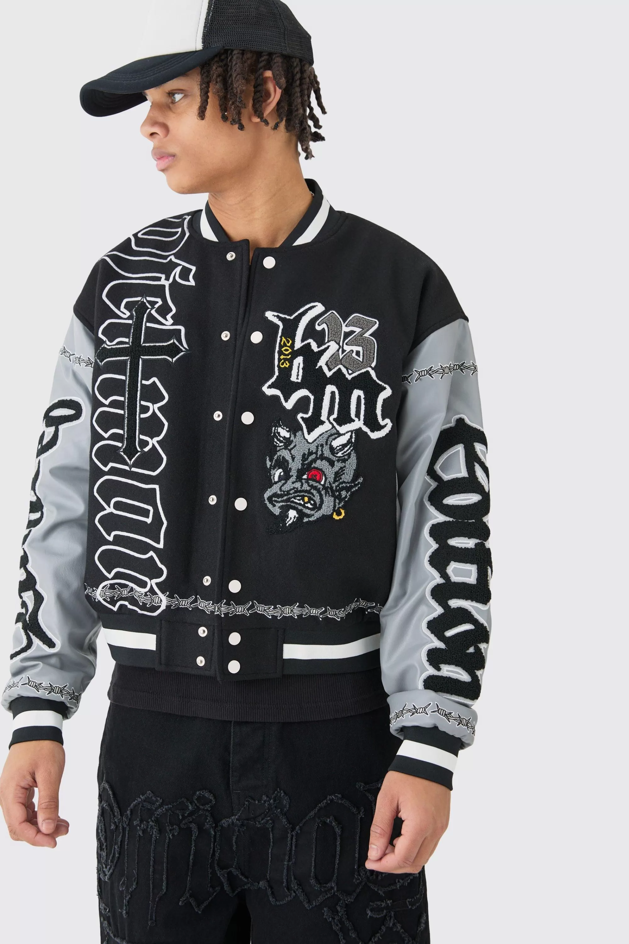 boohooMAN Boxy Limited Badge Pu Sleeve Varsity Jacket In | UK