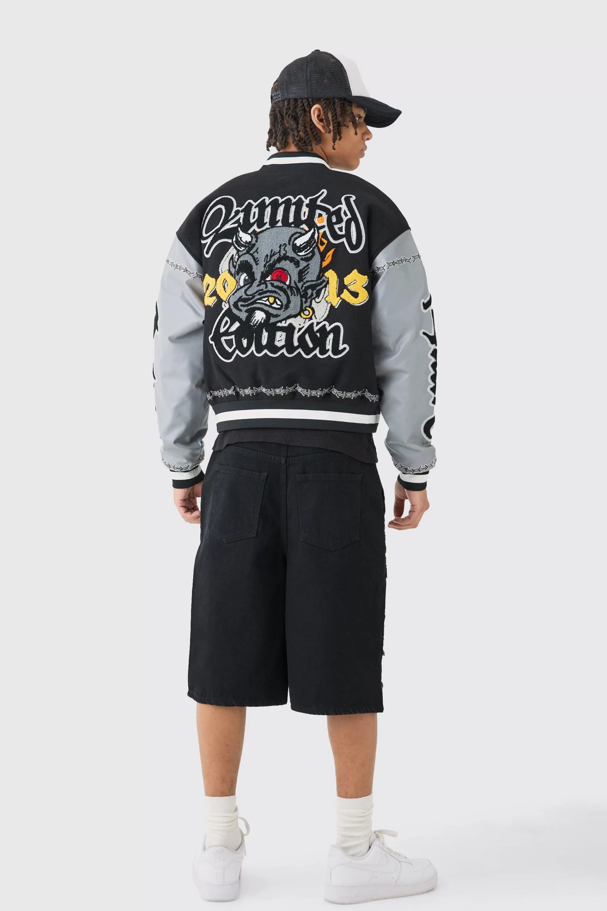 boohooMAN Boxy Limited Badge Pu Sleeve Varsity Jacket In | UK
