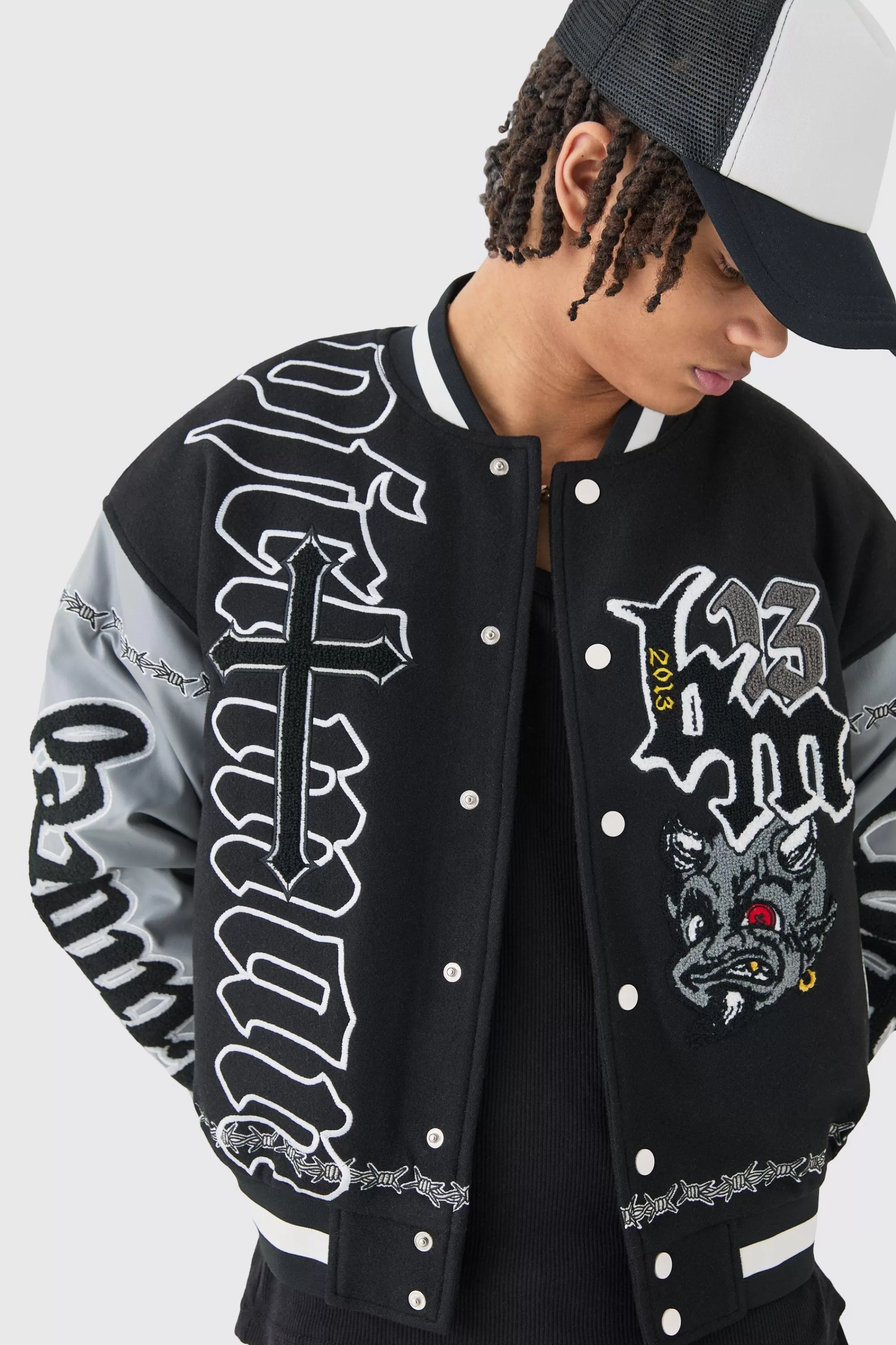 boohooMAN Boxy Limited Badge Pu Sleeve Varsity Jacket In | UK