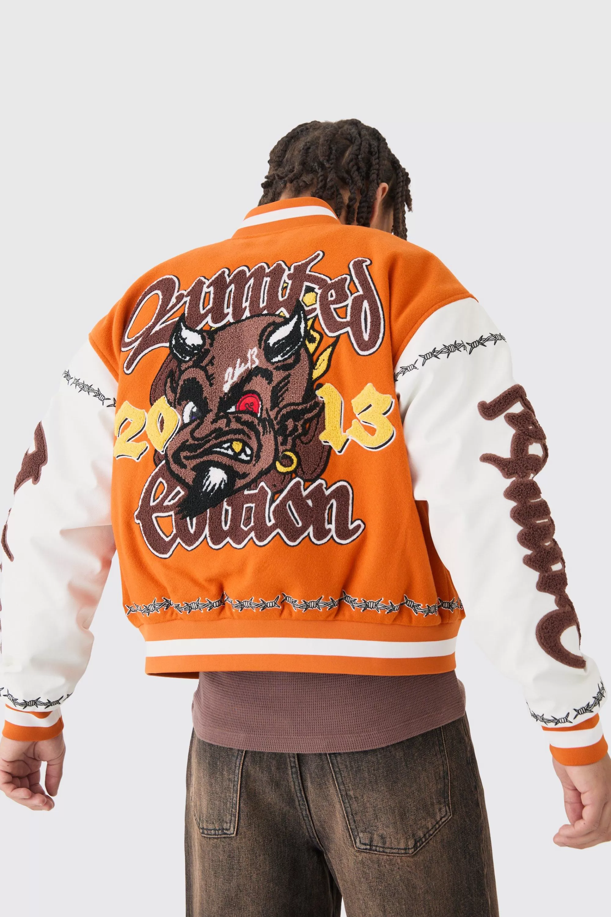 boohooMAN Boxy Limited Badge Pu Sleeve Varsity Jacket In | UK