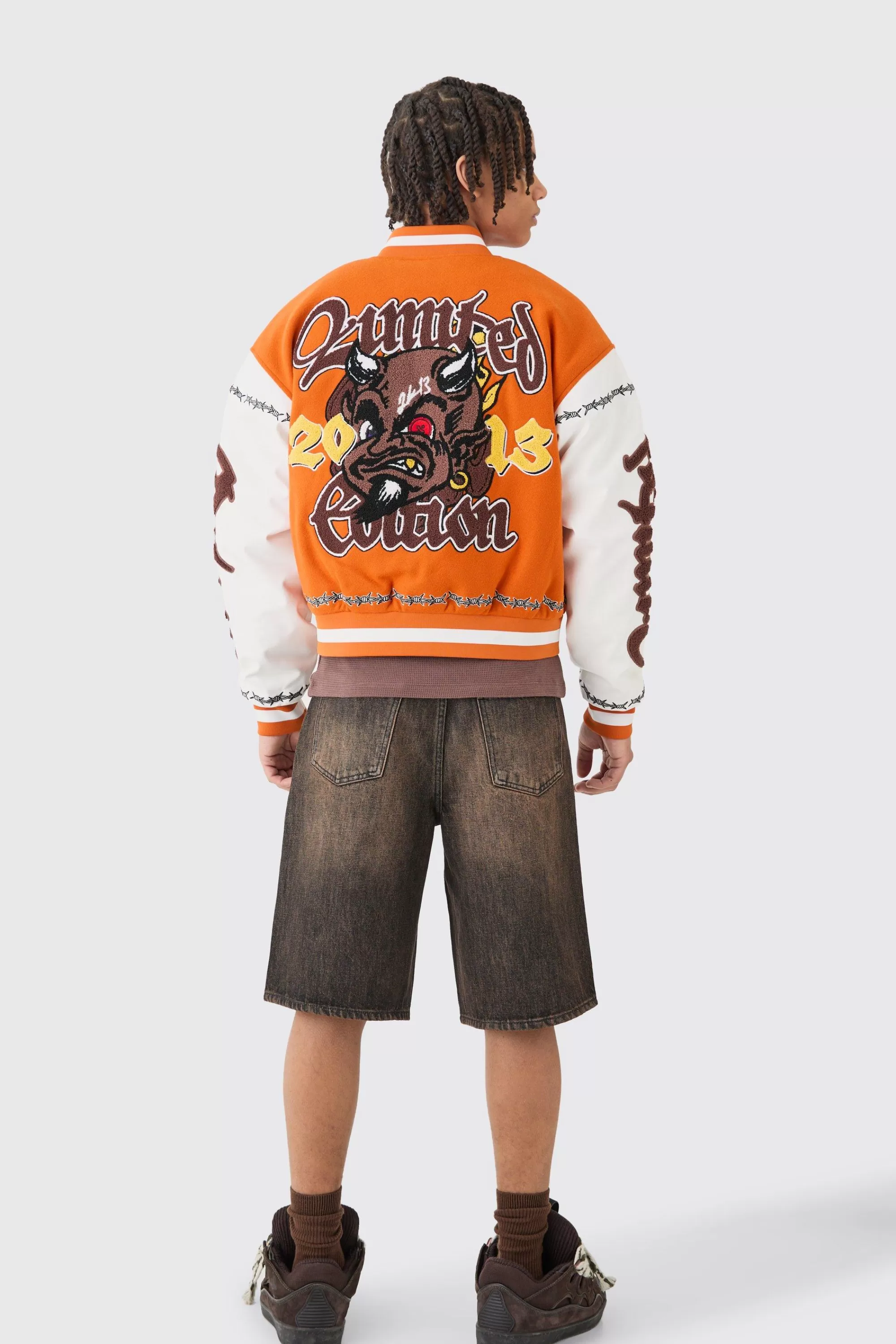 boohooMAN Boxy Limited Badge Pu Sleeve Varsity Jacket In | UK