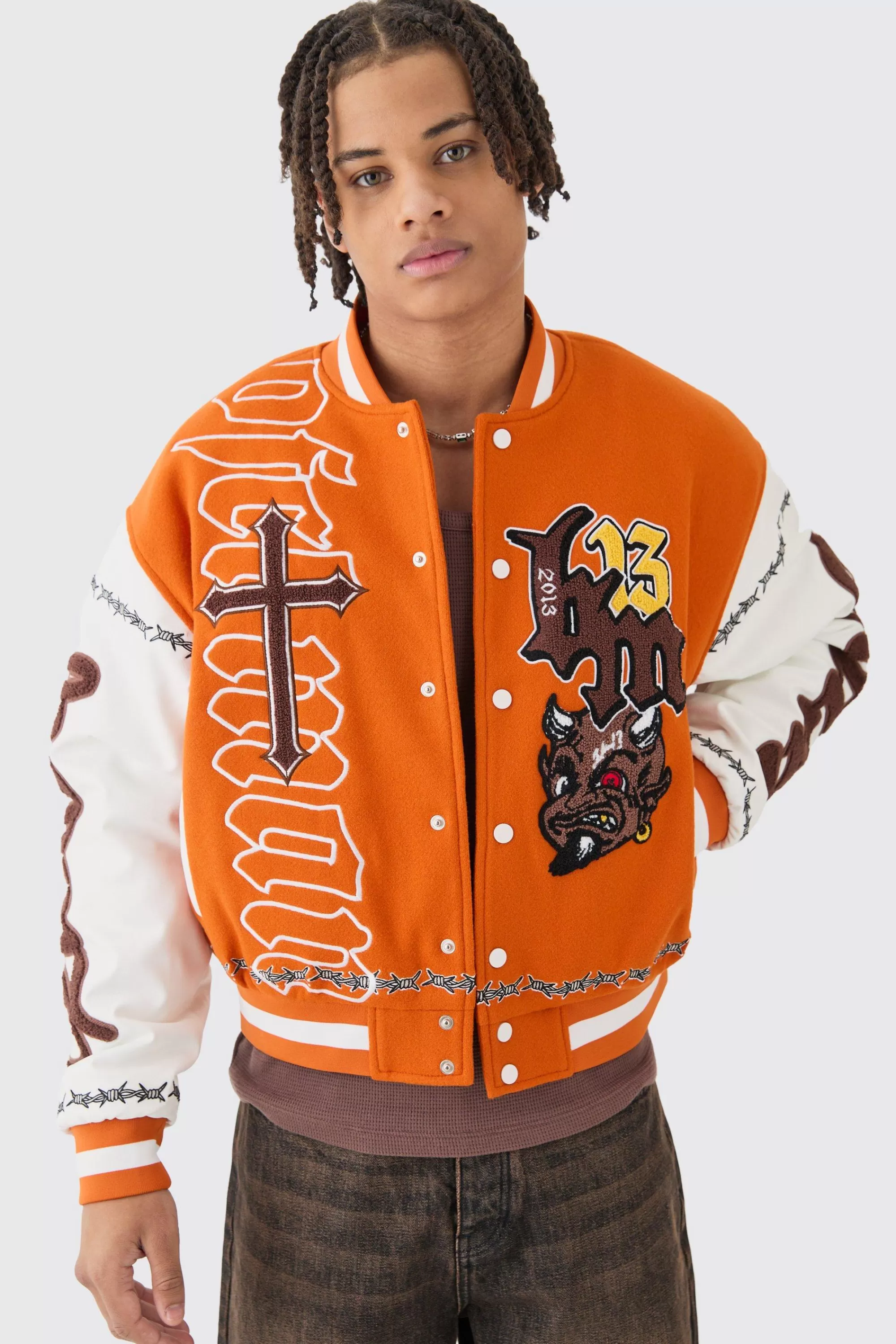 boohooMAN Boxy Limited Badge Pu Sleeve Varsity Jacket In | UK