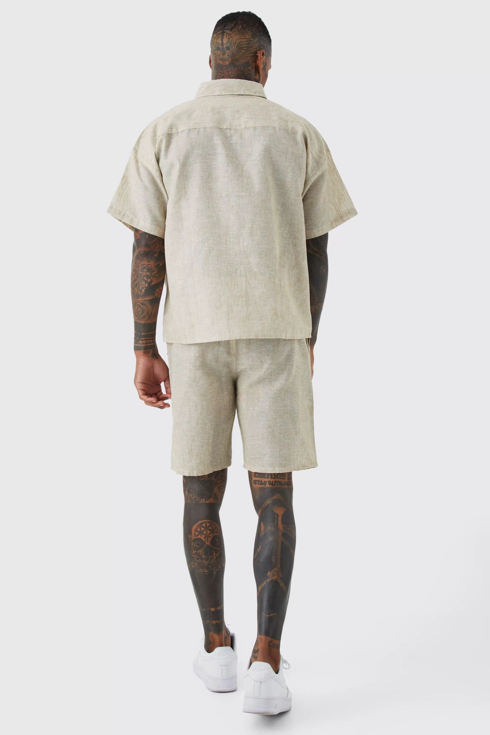 boohooMAN Boxy Linen Look Shirt And Short Set | UK