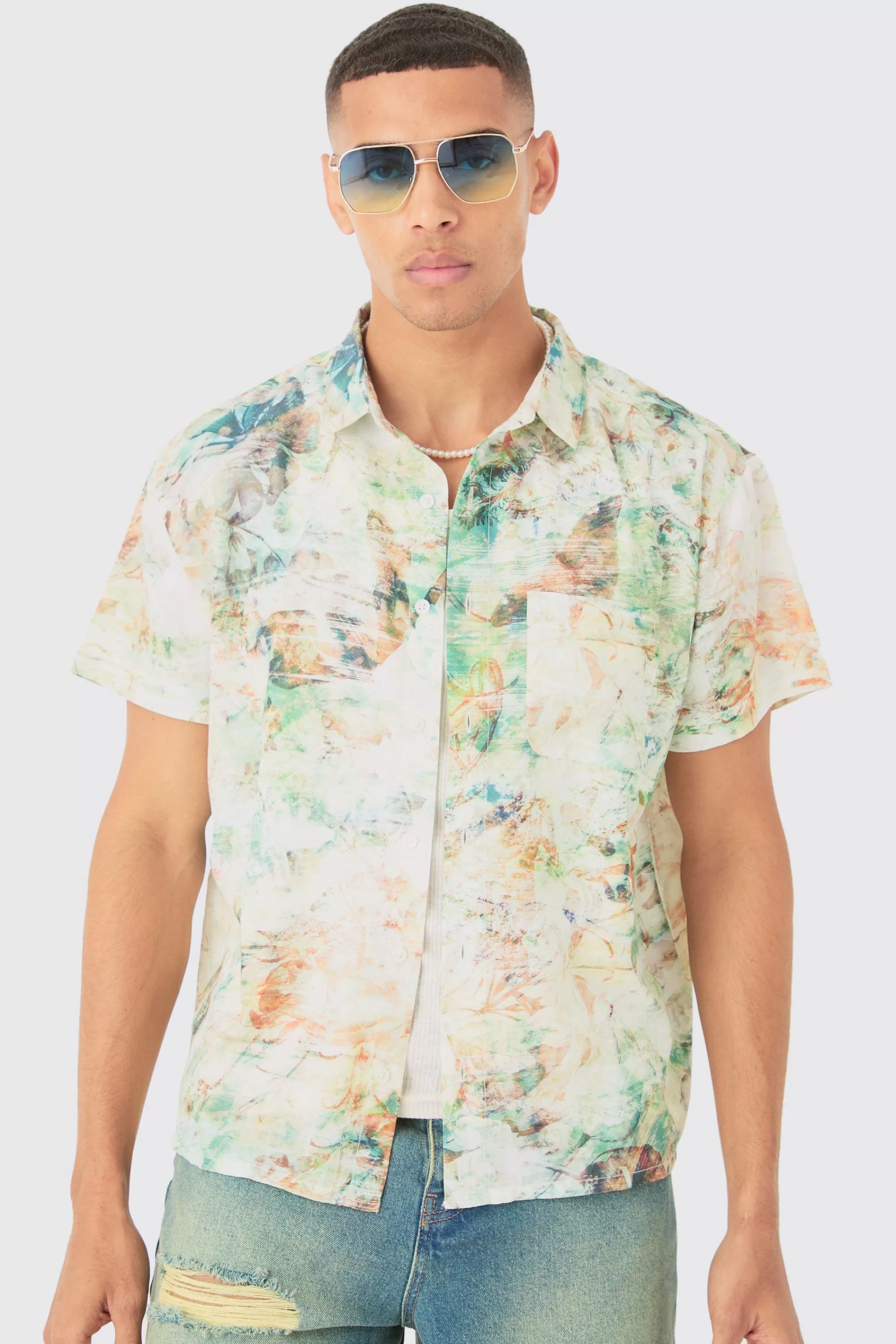 boohooMAN Boxy Linen Look Watercolour Shirt | UK