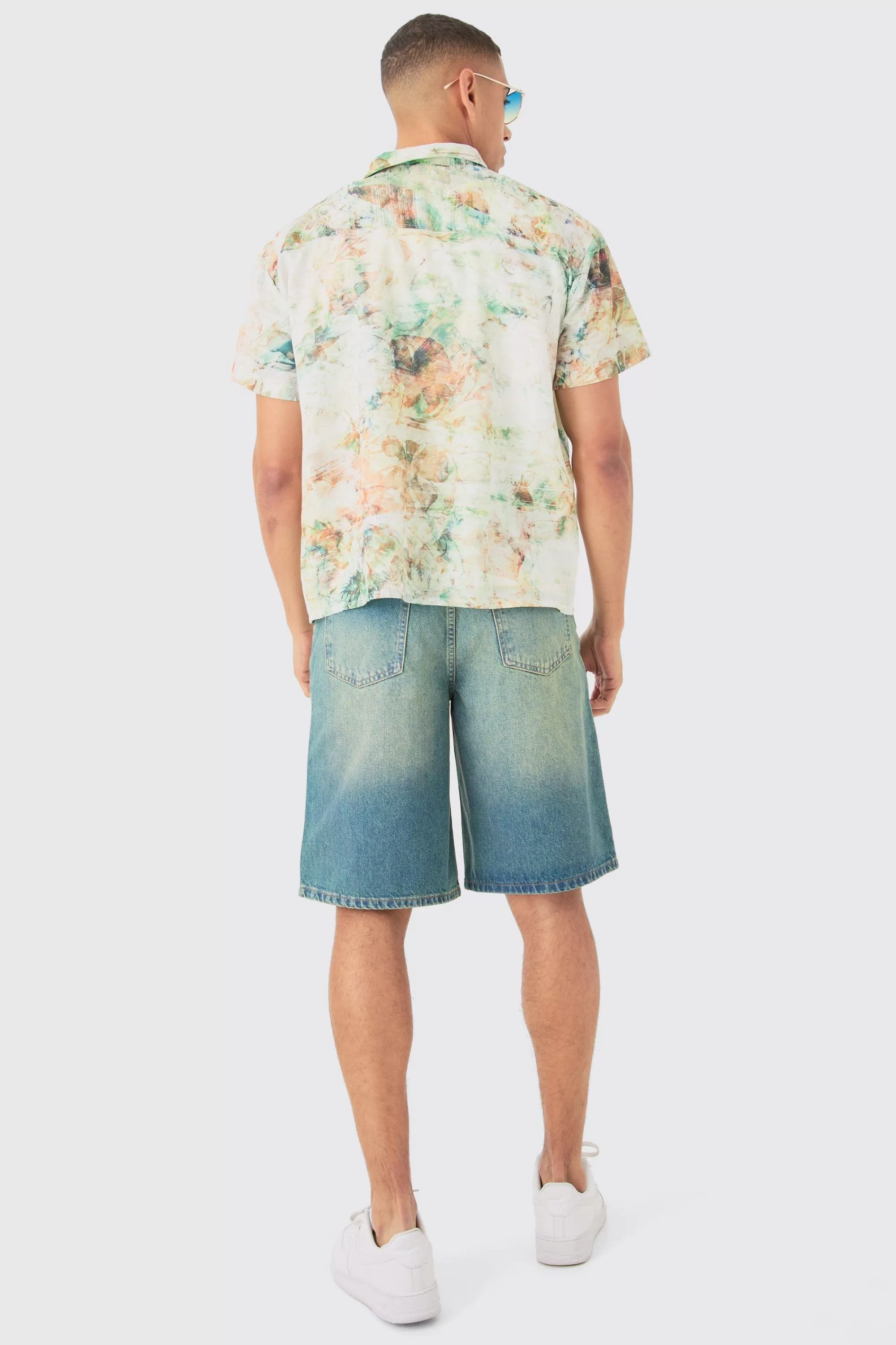 boohooMAN Boxy Linen Look Watercolour Shirt | UK