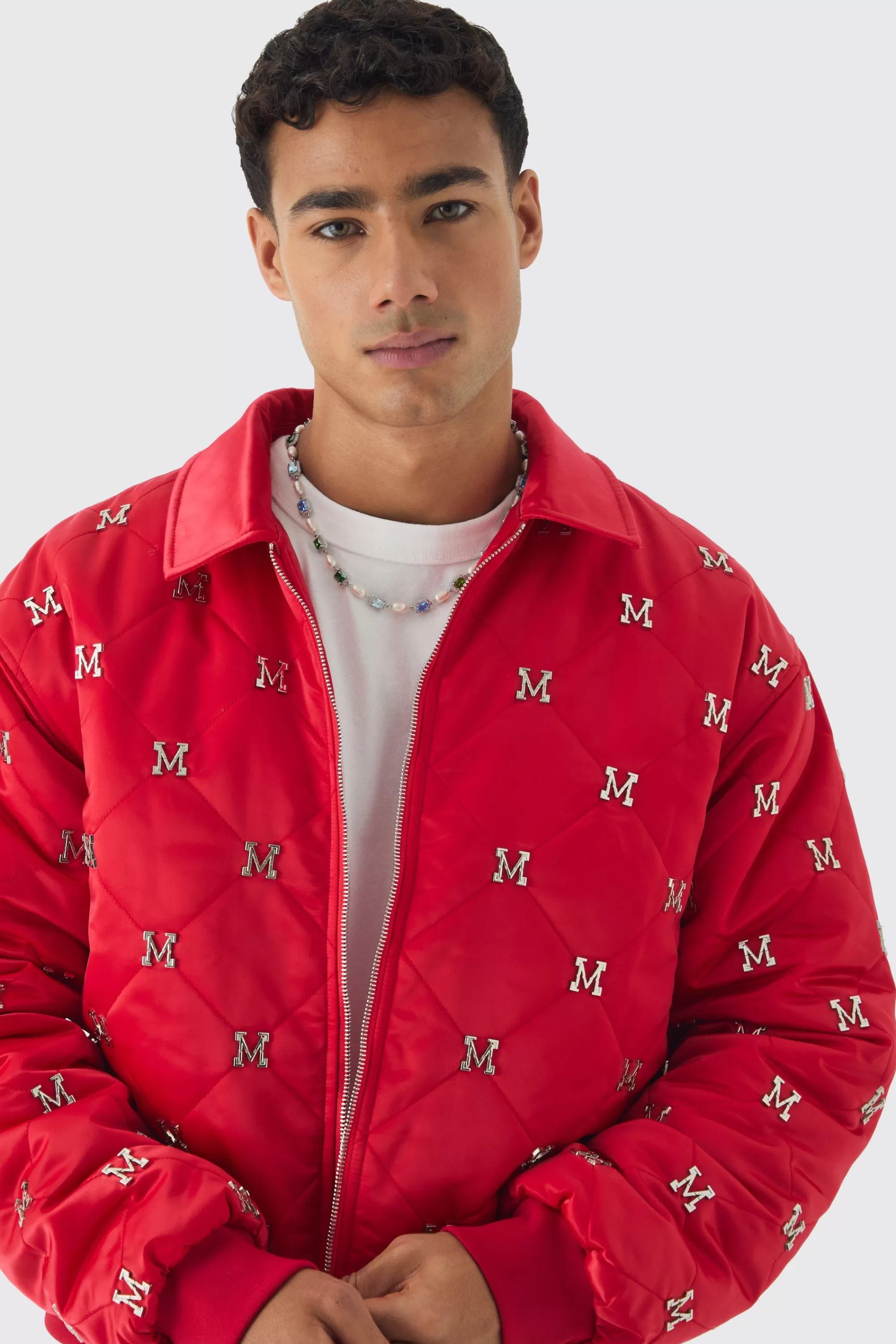boohooMAN Boxy M Embellished Satin Bomber Jacket In | UK