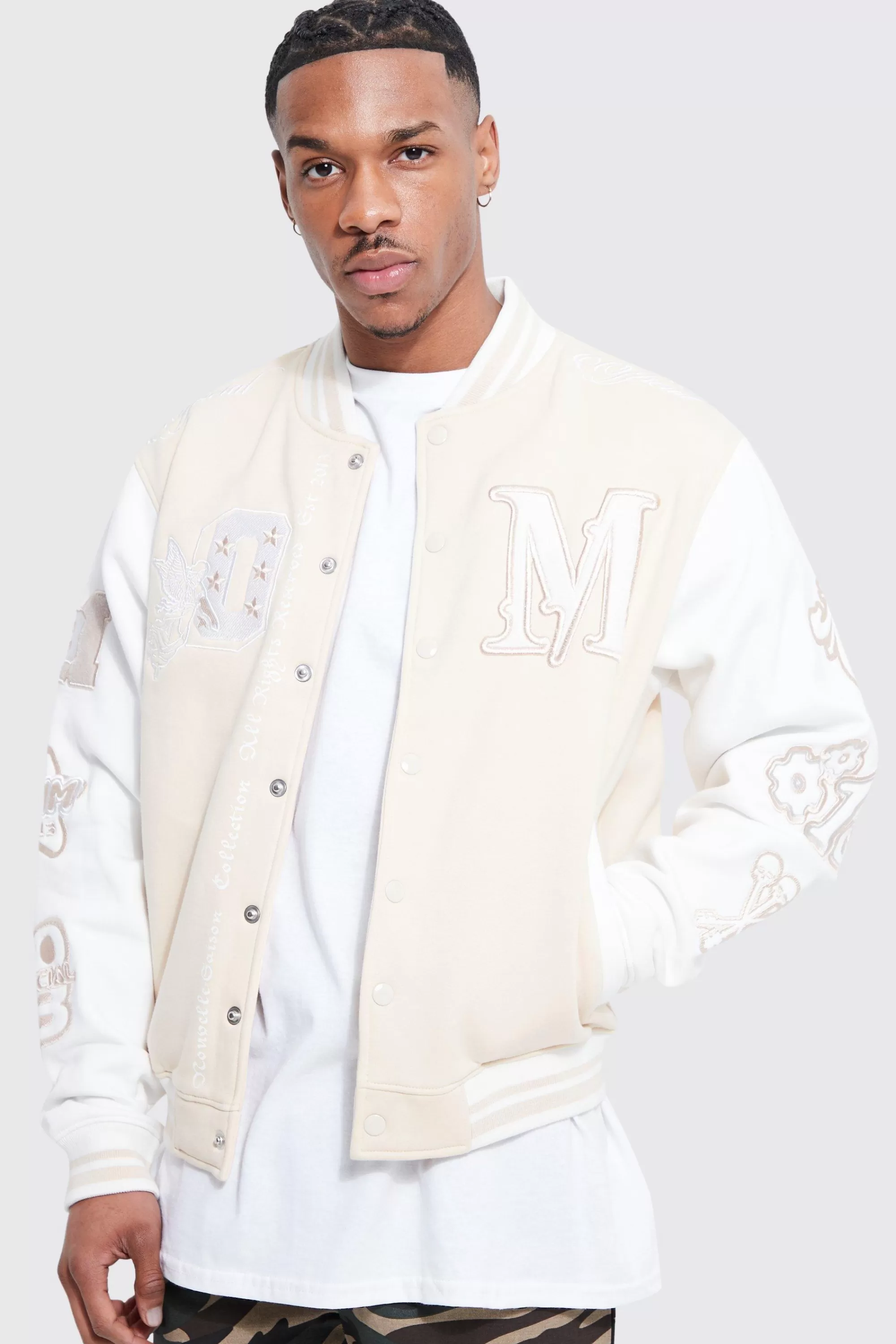 boohooMAN Boxy M Jersey Varsity Jacket | UK