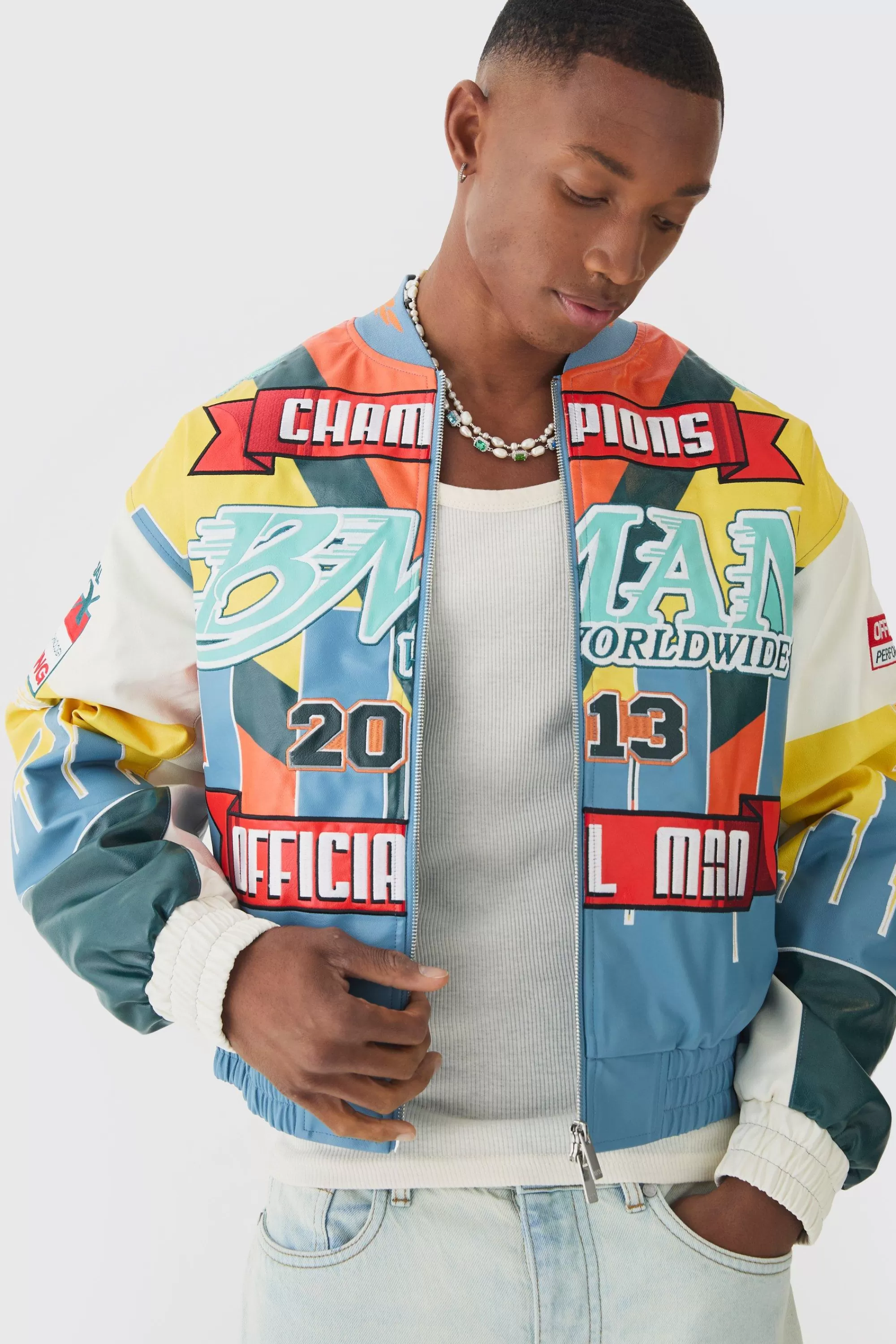 boohooMAN Boxy Man Dice Embroidered PU Bomber Jacket In Black | UK