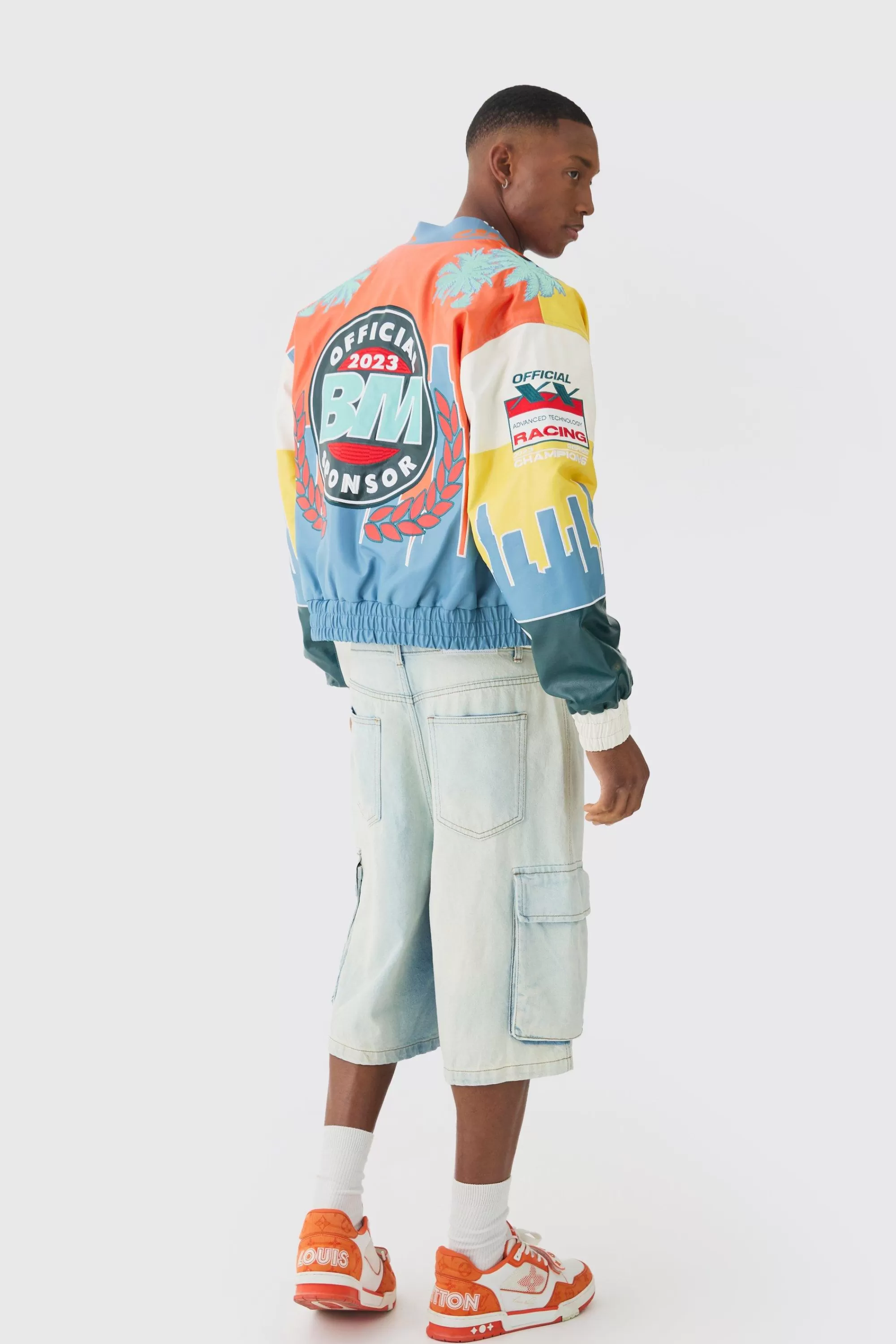boohooMAN Boxy Man Dice Embroidered PU Bomber Jacket In Black | UK
