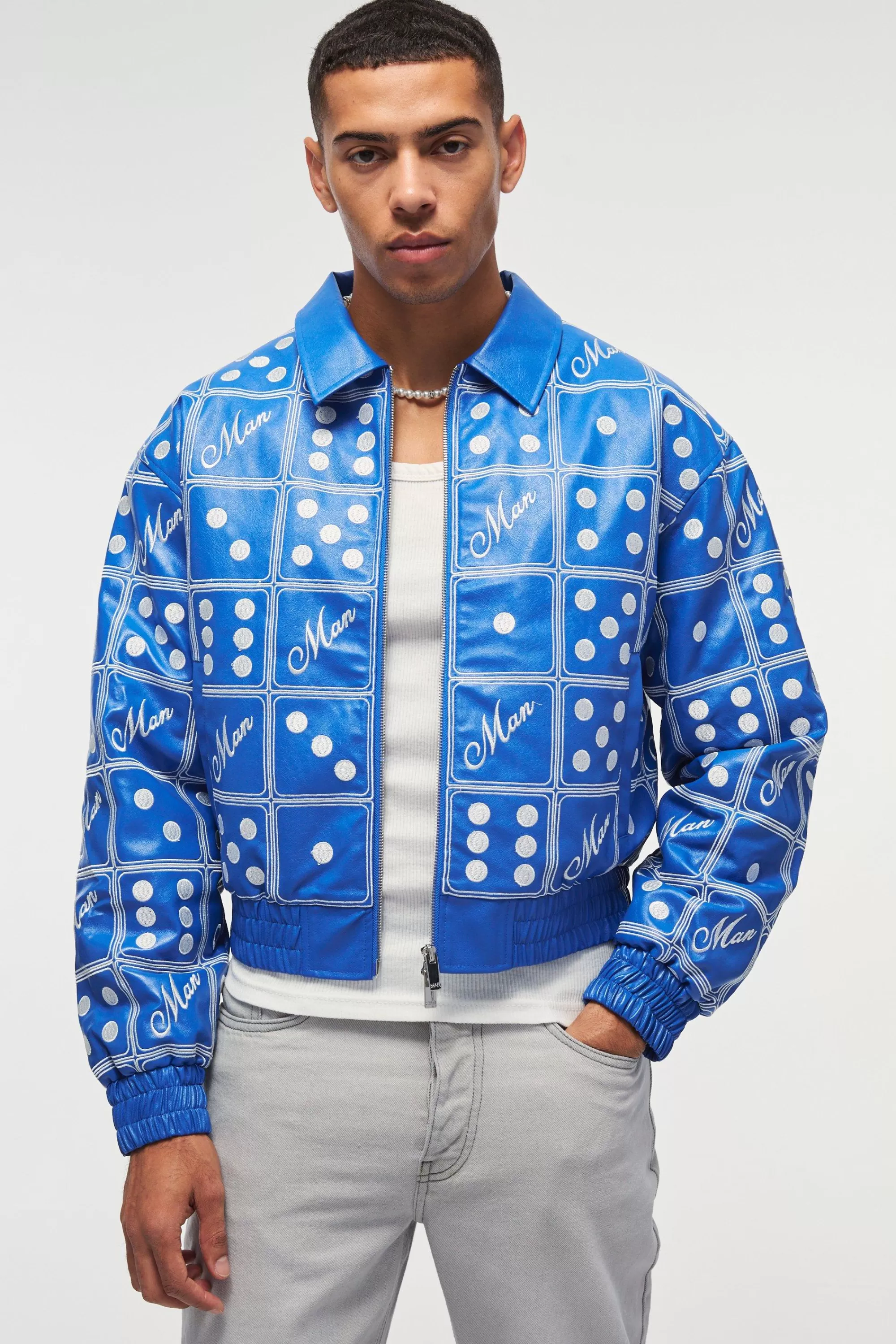 boohooMAN Boxy Man Dice Embroidered PU Bomber Jacket In | UK