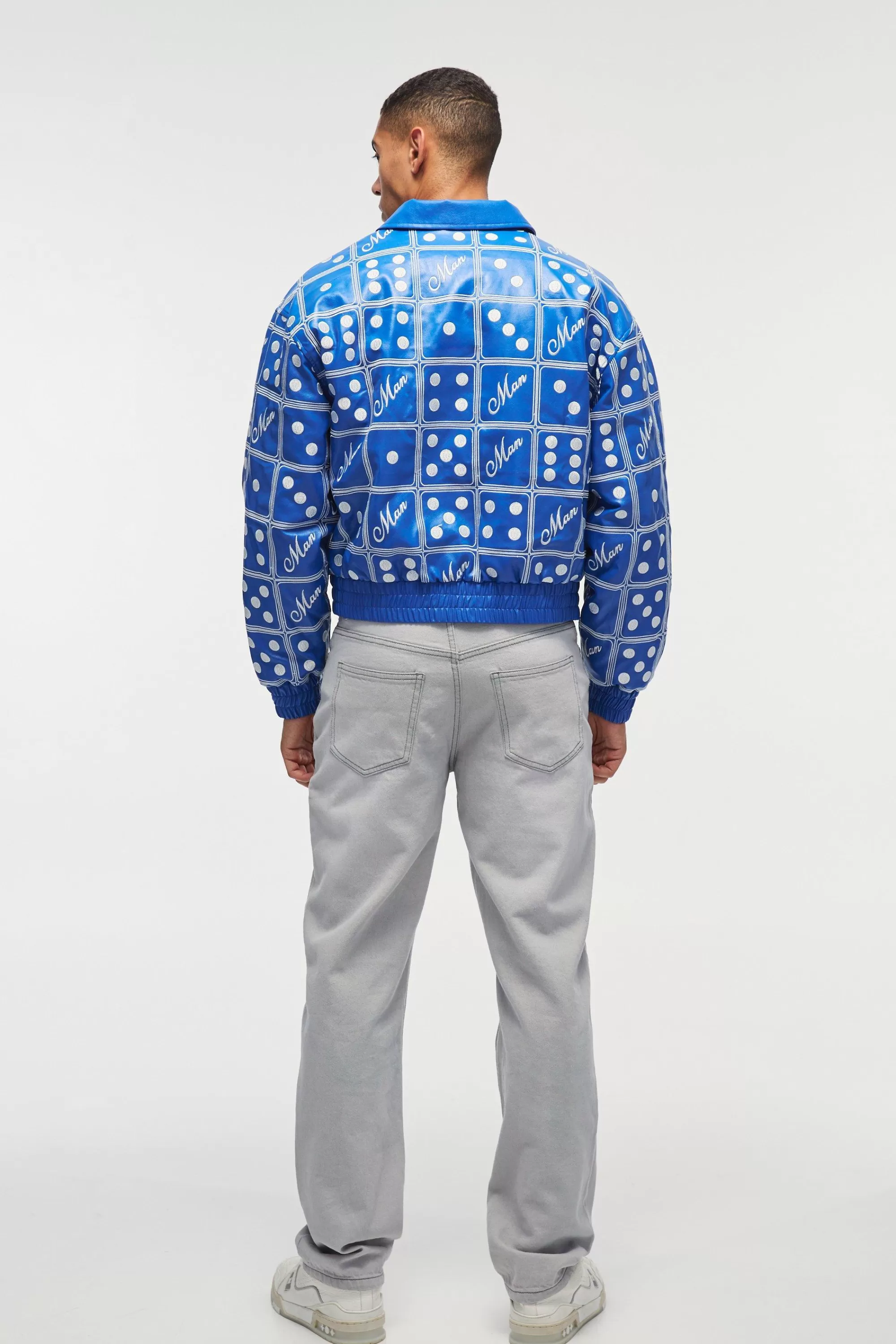 boohooMAN Boxy Man Dice Embroidered PU Bomber Jacket In | UK