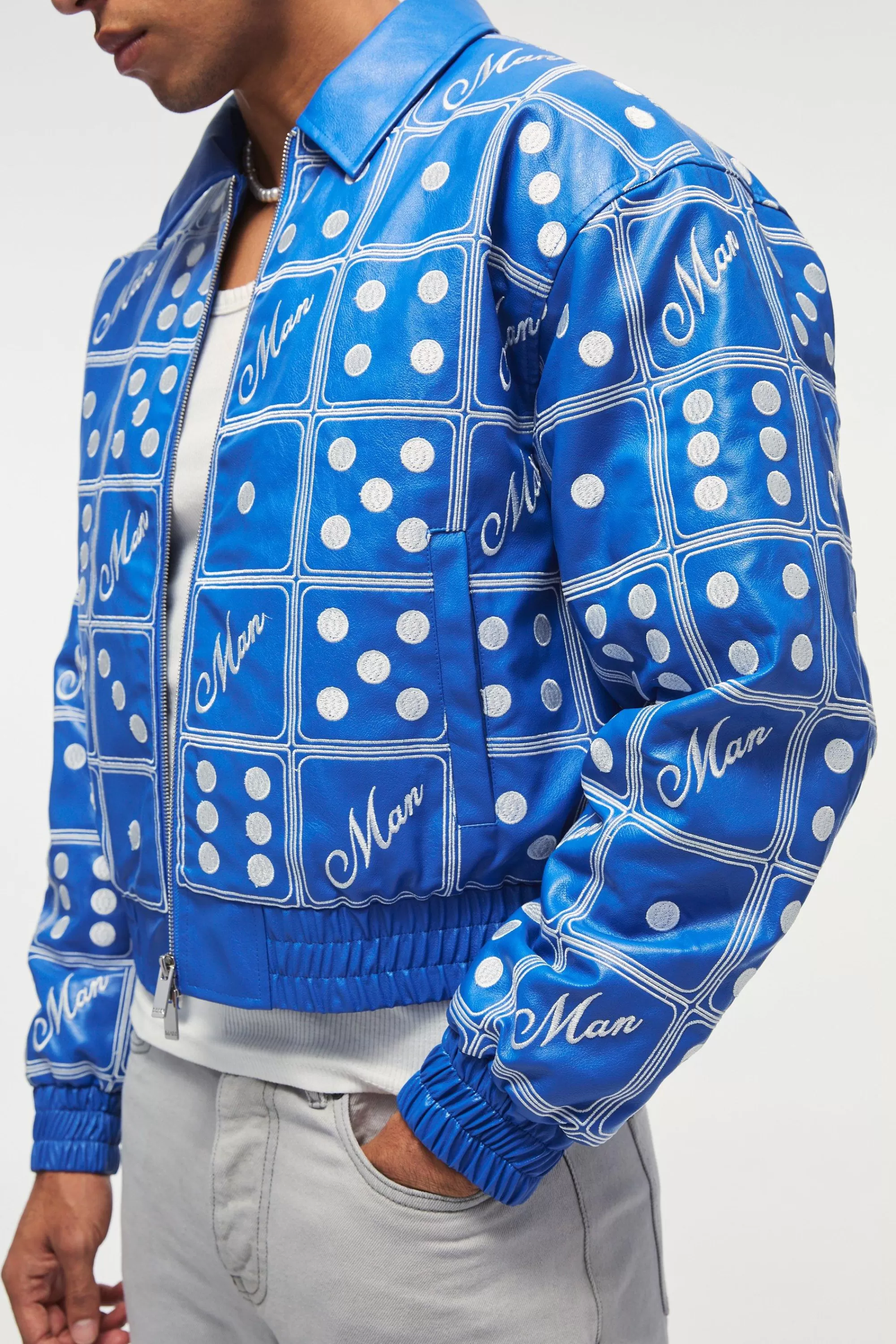 boohooMAN Boxy Man Dice Embroidered PU Bomber Jacket In | UK