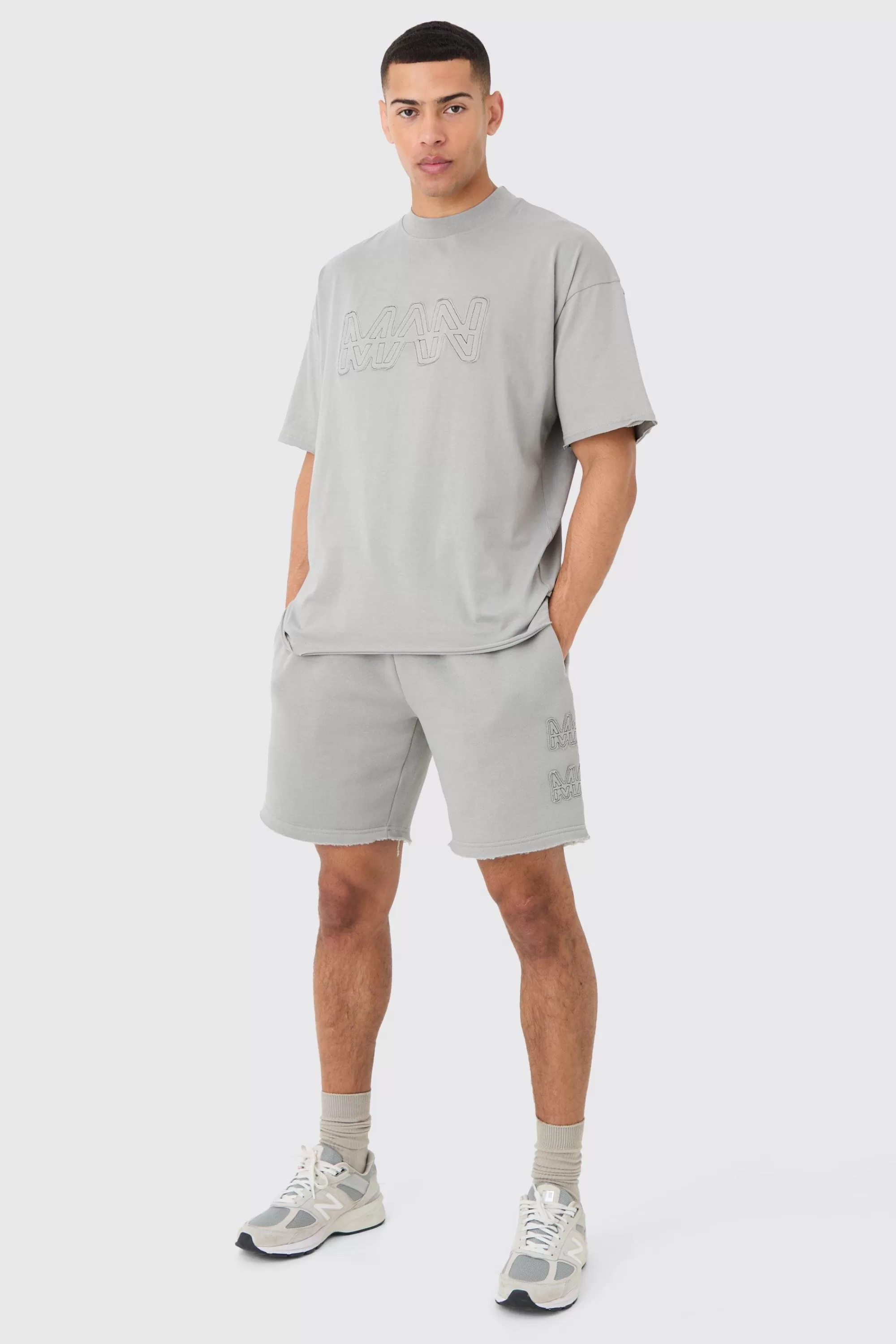 boohooMAN Boxy Man Distressed T-Shirt & Shorts Set | UK