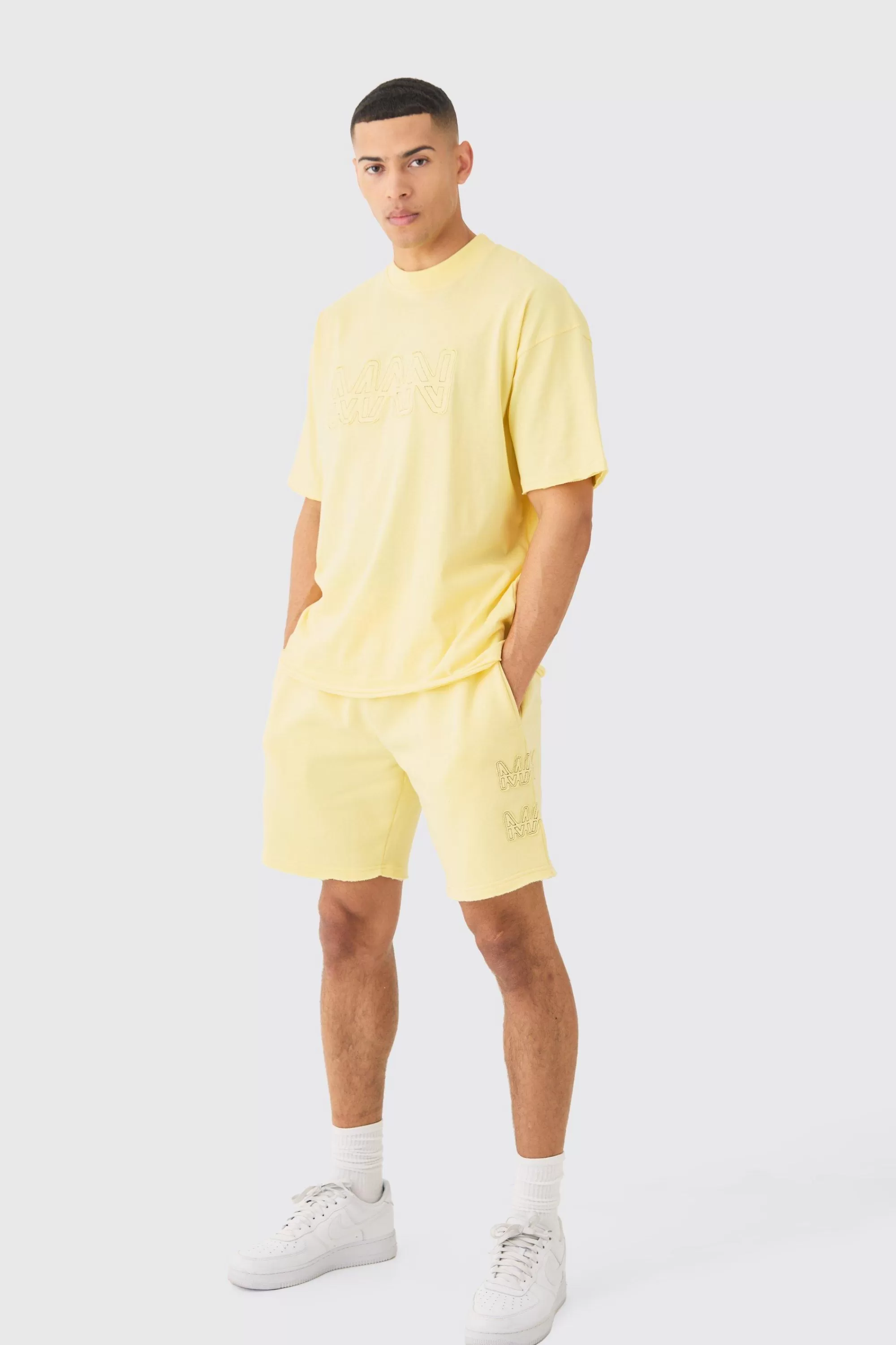 boohooMAN Boxy Man Distressed T-Shirt & Shorts Set | UK