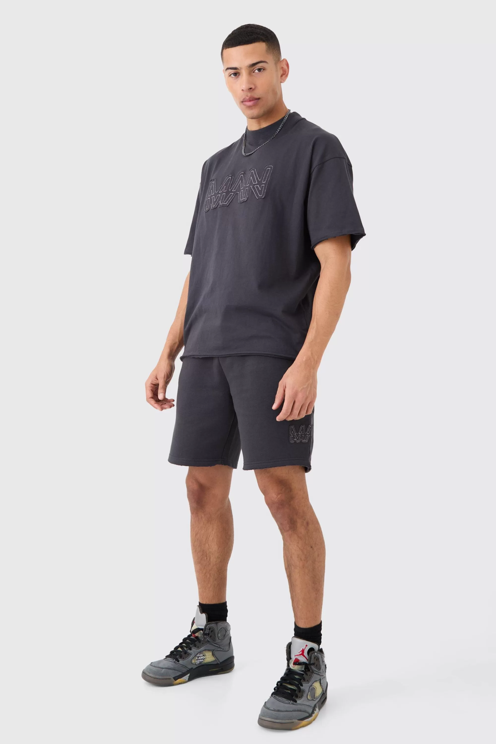 boohooMAN Boxy Man Distressed T-Shirt & Shorts Set | UK