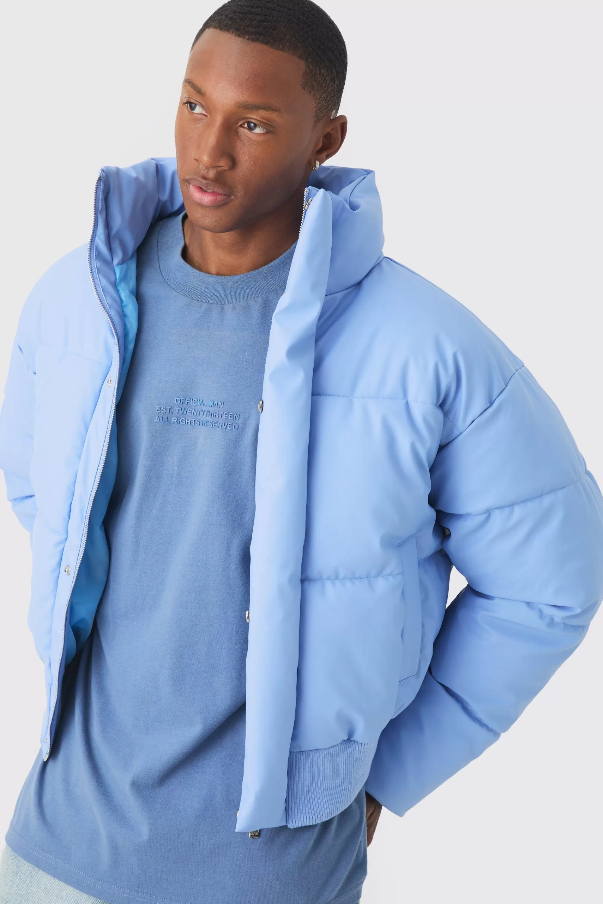 boohooMAN Boxy Matte Pu Funnel Neck Puffer In | UK