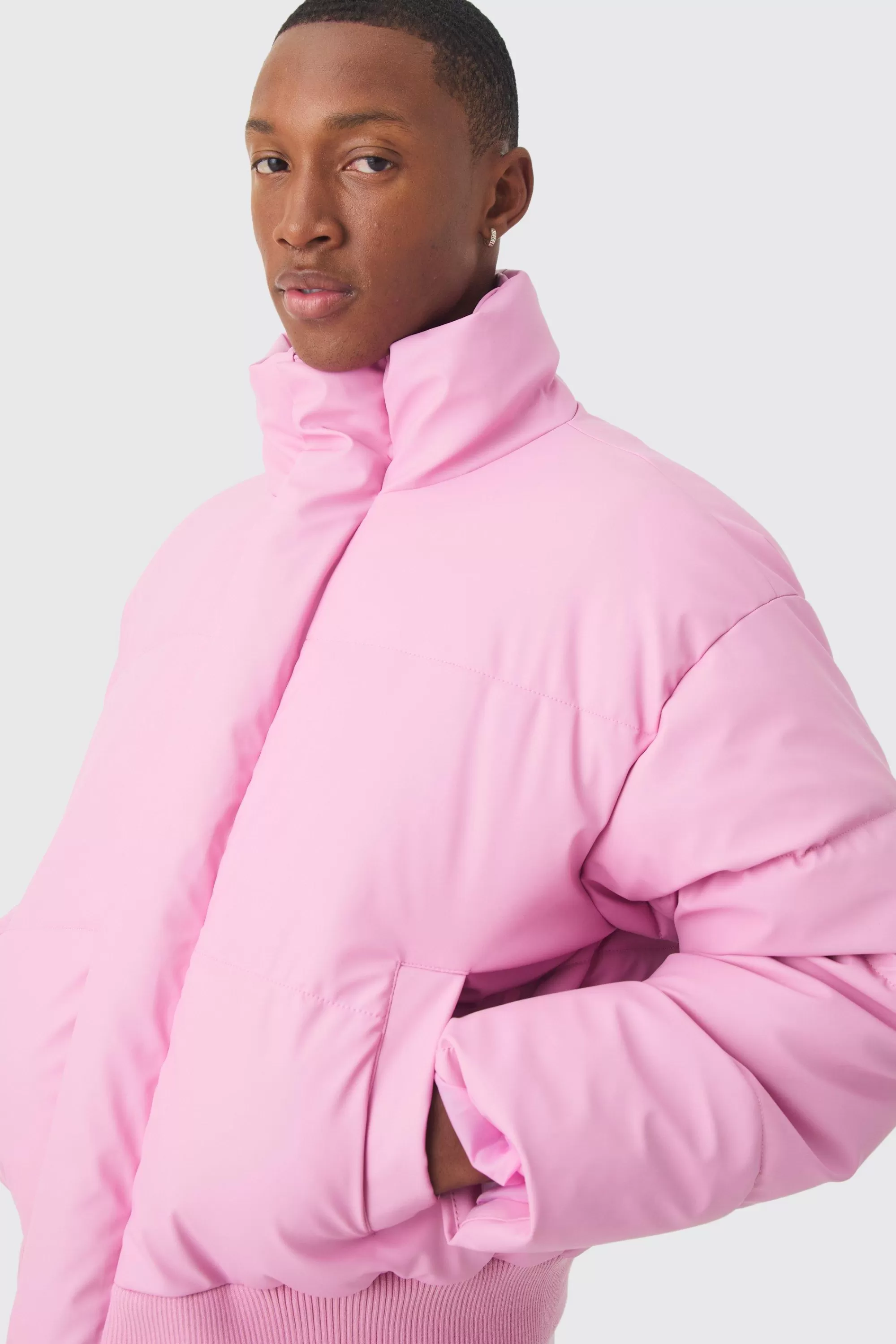 boohooMAN Boxy Matte Pu Funnel Neck Puffer In | UK