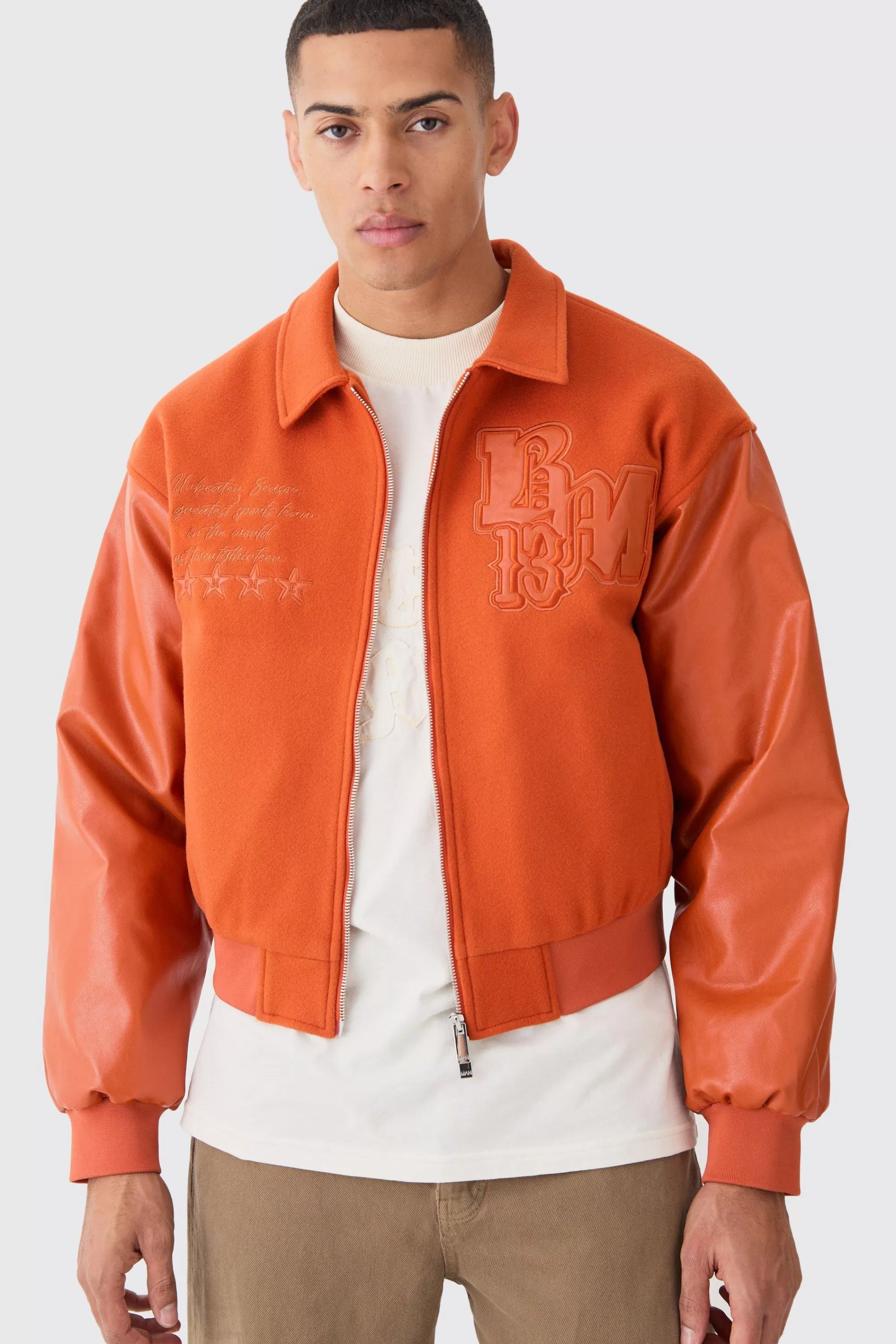 boohooMAN Boxy Melton & Pu Collared Varsity Jacket | UK